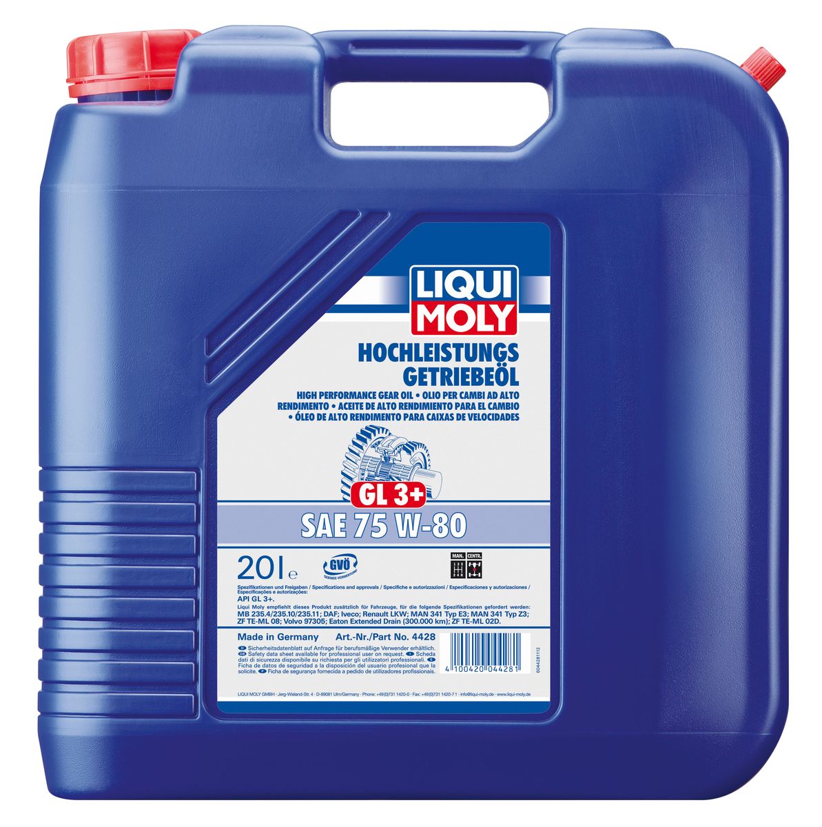 Масло трансмиссионное Liqui Moly Hochleistungs-Getriebeoil, НС-синтетическое, 75W-80, GL-3+, 20 л4428 Масло трансмиссионное Liqui Moly Hochleistungs-Getriebeoil, НС-синтетическое, 75W-80, GL-3+, 20 л4428Масло трансмиссионное Liqui Moly Hochleistungs-Getriebeoil отвечает требованиям производителей коробок передач как для грузовых, так и для легковых автомобилей. HC-синтетическое маловязкое трансмиссионное масло предназначено для использования в механических и роботизированных коробках передач легковых и грузовых автомобилей со специальными требованиями к смазочному материалу со стороны синхронизаторов. Масло обеспечивает четкое переключение передач и надежную защиту от износа. Масло содержит специальный пакет присадок с пониженным содержанием соединений серы и фосфора, что обеспечивает отличную совместимость со специфическими материалами синхронизаторов и гарантирует быстрое и четкое переключение передач. Особенности: - Обеспечивает оптимальное смазывание всех элементов коробки передач - Уменьшает трудности при переключении передач, особенно при низких температурах окружающего воздуха - Подходит для удлиненных интервалов замены - Уменьшает...