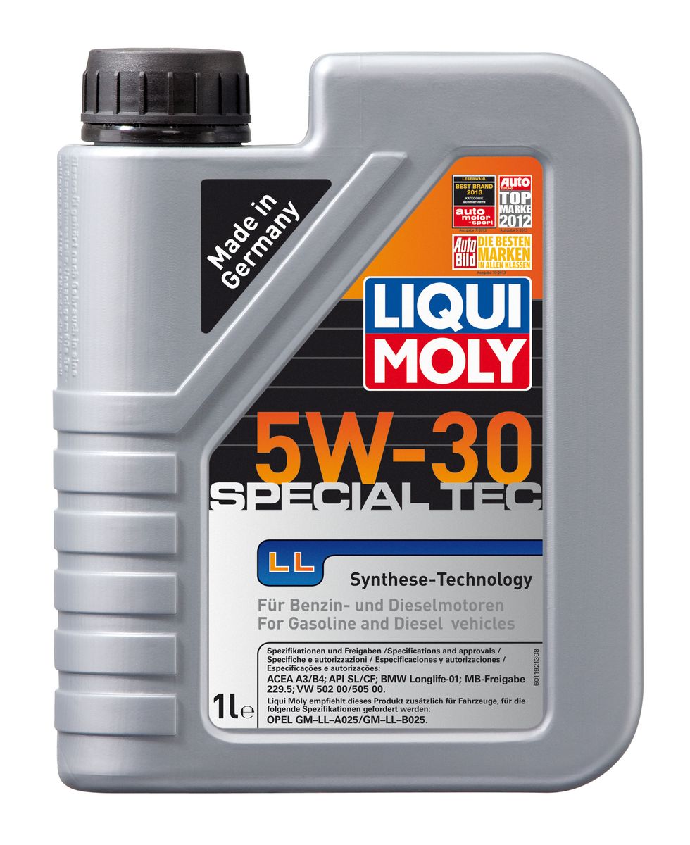 Масло моторное Liqui Moly Special Tec LL, НС-синтетическое, 5W-30, 1 л8054 Масло моторное Liqui Moly Special Tec LL, НС-синтетическое, 5W-30, 1 л8054Масло моторное Liqui Moly Special Tec LL рекомендуется для широкого спектра автомобилей с высочайшими требованиями к свойствам моторного масла, таких как Mercedes-Benz, BMW, VW, Opel. HC-синтетическое всесезонное маловязкое моторное масло произведено по новейшим технологическим требованиям. Удовлетворяет условиям LongLife-сервиса. Масло протестировано на турбированных и оснащенных катализаторами моторах. Может использоваться и в двигателях Opel предыдущих поколений, в которых разрешено применение моторных масел данного класса вязкости. Благодаря комбинации НС-синтетических базовых масел и самых современных присадок моторные масла Special Tec LL обеспечивают высочайший уровень защиты от износа, предотвращают образование и накопление отложений в масляной системе и гарантируют стабильное быстрое поступление масла ко всем деталям двигателя. Масло имеет высокий показатель щелочного числа (TBN > 10,5 мг(KOH)/г), что обеспечивает высочайшие моющие свойства. ...