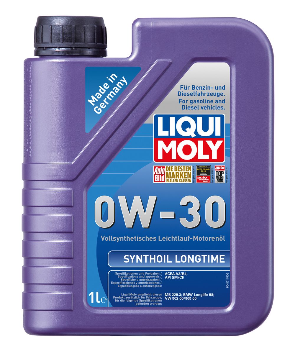 Масло моторное Liqui Moly Synthoil Longtime, синтетическое, 0W-30, 1 л8976 Масло моторное Liqui Moly Synthoil Longtime, синтетическое, 0W-30, 1 л8976Масло моторное Liqui Moly Synthoil Longtime - 100% синтетическое универсальное моторное масло на базе полиальфаолефинов (ПАО) для большинства автомобилей, для которых требования к маслам опираются на международные классификации API и ACEA. Класс вязкости 0W-30 моторного масла на ПАО-базе оптимален для эксплуатации в холодных условиях, обеспечивая уверенный пуск двигателя даже в сильный мороз и высокий уровень энергосбережения (и экономии топлива). Особенности: - Отличные пусковые свойства в мороз - Быстрое поступление масла ко всем деталям двигателя при низких температурах - Высокие показатели по экономии топлива - Высокая смазывающая способность - Замечательная термоокислительная стабильность и устойчивость к старению - Оптимальная чистота двигателя - Протестировано и совместимо с катализаторами и турбонаддувом - Высокая стабильность при высоких температурах - Очень низкий расход масла Допуск: -API: CF/SM ...