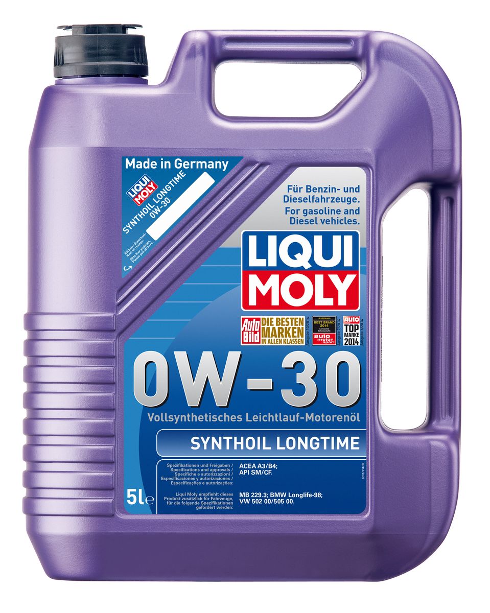 Масло моторное Liqui Moly Synthoil Longtime, синтетическое, 0W-30, 5 л8977 Масло моторное Liqui Moly Synthoil Longtime, синтетическое, 0W-30, 5 л8977Масло моторное Liqui Moly Synthoil Longtime - 100% синтетическое универсальное моторное масло на базе полиальфаолефинов (ПАО) для большинства автомобилей, для которых требования к маслам опираются на международные классификации API и ACEA. Класс вязкости 0W-30 моторного масла на ПАО-базе оптимален для эксплуатации в холодных условиях, обеспечивая уверенный пуск двигателя даже в сильный мороз и высокий уровень энергосбережения (и экономии топлива). Особенности: - Отличные пусковые свойства в мороз - Быстрое поступление масла ко всем деталям двигателя при низких температурах - Высокие показатели по экономии топлива - Высокая смазывающая способность - Замечательная термоокислительная стабильность и устойчивость к старению - Оптимальная чистота двигателя - Протестировано и совместимо с катализаторами и турбонаддувом - Высокая стабильность при высоких температурах - Очень низкий расход масла Допуск: -API: CF/SM ...