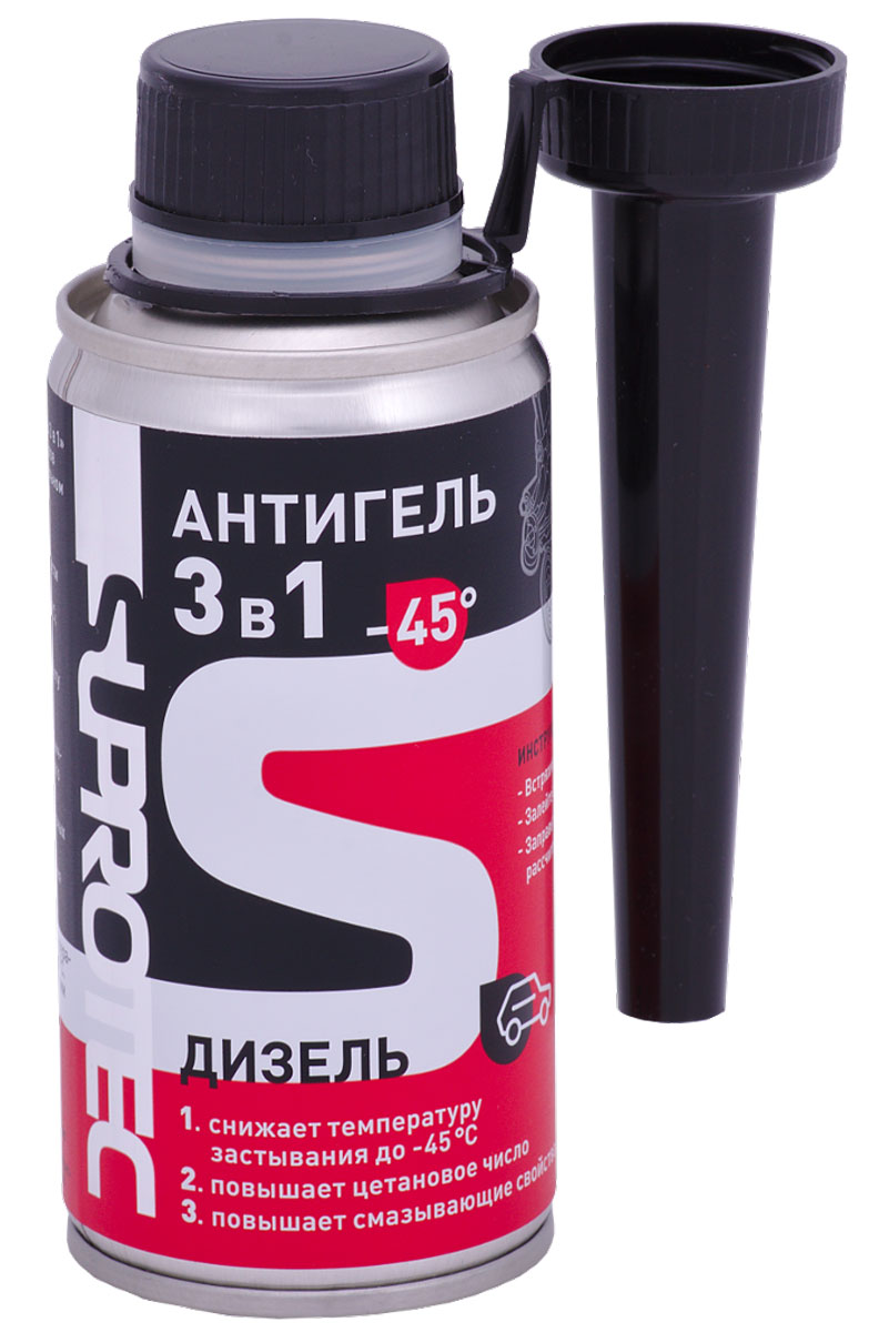 Присадка Супротек Антигель 3 в 1, для дизельных легковых автомобилей, 150 мл122073 Присадка Супротек Антигель 3 в 1, для дизельных легковых автомобилей, 150 мл122073СУПРОТЕК Антигель 3 в 1, 150 мл. Депрессорная присадка Антигель 3 в 1 препятствует образованию кристаллов парафиновых углеводородов в дизельном топливе любых марок. Предназначена для использования в обслуживании легковых автомобилей. Один флакон рассчитан на 40 - 60 л. топлива. Снижает температуру фильтруемости летнего дизельного топлива до –23 ?С, а температуру замерзания до –45 ?С; Облегчает запуск двигателя; Обеспечивает бесперебойную работу двигателя при отрицательных температурах окружающей среды; Поддерживает мощность и экономичность двигателя за счет повышения цетанового числа; Защищает от износа топливные насосы и форсунки и продлевает ресурс их работы за счет повышения смазывающей способности топлива; повышает эффективность сгорания топлива;