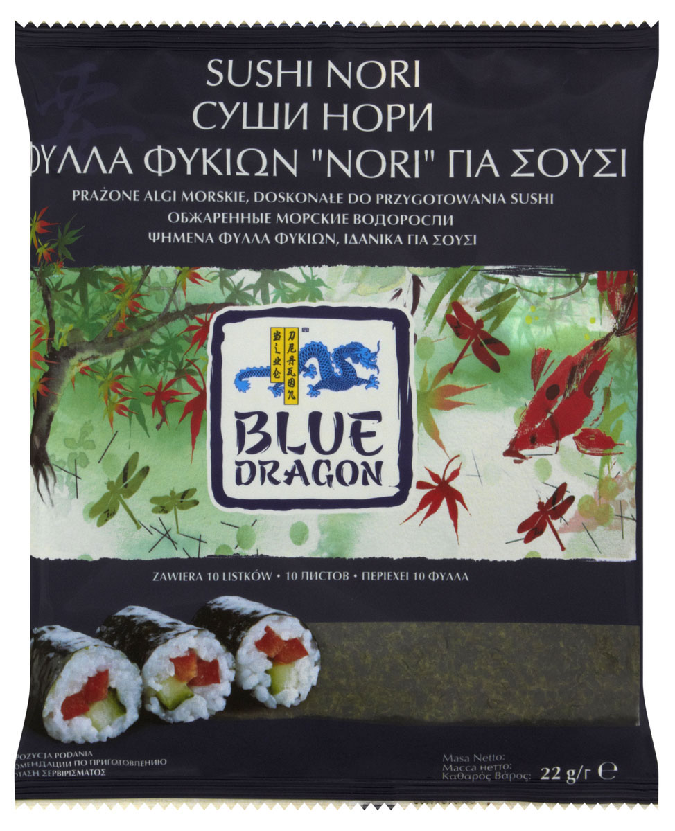 Blue Dragon Обжаренные морские водоросли Суши нори, 22 г030034 Blue Dragon Обжаренные морские водоросли Суши нори, 22 г030034Суши нори представляют собой высушенные обжаренные морские водоросли, использующиеся для заворачивания риса при приготовлении суши и рисовых шариков. Суши нори также необыкновенно вкусны, если их просто порезать на полоски и добавить в салаты или лапшу.