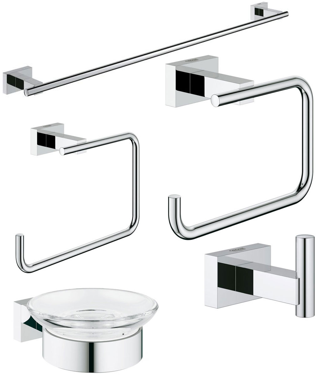 Набор аксессуаров для ванной комнаты Grohe Essentials Cube, 5 предметов40758001 Набор аксессуаров для ванной комнаты Grohe Essentials Cube, 5 предметов40758001Набор аксессуаров для ванной комнаты Grohe Essentials Cube включает мыльницу с держателем, держатель для банного полотенца, держатель туалетной бумаги, крючок для банного халата и кольцо для полотенца. Набор очень практичен и функционален. Изделия выполнены из металла с хромированным покрытием. Благодаря специальной технологии Grohe StarLight покрытие обеспечивает сияющий блеск на протяжении всего срока службы. Кроме того, оно отталкивает грязь, не тускнеет и обладает высокой степенью износостойкости. Аксессуары крепятся к стене (крепежные элементы поставляются в комплекте). Крепление скрытое. Благодаря неизменно актуальному дизайну и долговечному хромированному покрытию, такой набор отлично дополнит интерьер ванной комнаты, воплощая собой изысканный стиль и превосходное качество. Размер кольца для полотенец: 19 х 11,5 х 6 см. Размер крючка: 6 х 4 х 4 см. Размер держателя туалетной бумаги: 14 х 9 х 6 см. Диаметр мыльницы: 11 см. Размер мыльницы...