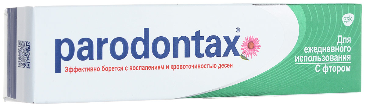 Parodontax Зубная паста с Фтором, 50 мл20040153 Parodontax Зубная паста с Фтором, 50 мл20040153– экстракты 6 трав + минеральная соль – + Фтор (1400 ppm) профилактика кариеса – подходит для длительного применения – рекомендован взрослым и детям с 14 лет – Помогает устранить воспаление и кровоточивость десен – Предупреждает заболевания десен при ежедневном применении* (*Yankell et al., 1988; Yankell et al.,1993) – Способствует профилактике кариеса (содержит фтор, 1400 ppm ) – Тщательно очищает зубы без повреждения зубной эмали (низкая степень абразивности) – Нейтрализует кислоты в зубном налете – В состав не входят синтетические антисептики: триклозан, метронидазол, хлоргексидин, которые вызывают привыкание и могут назначаться только курсом