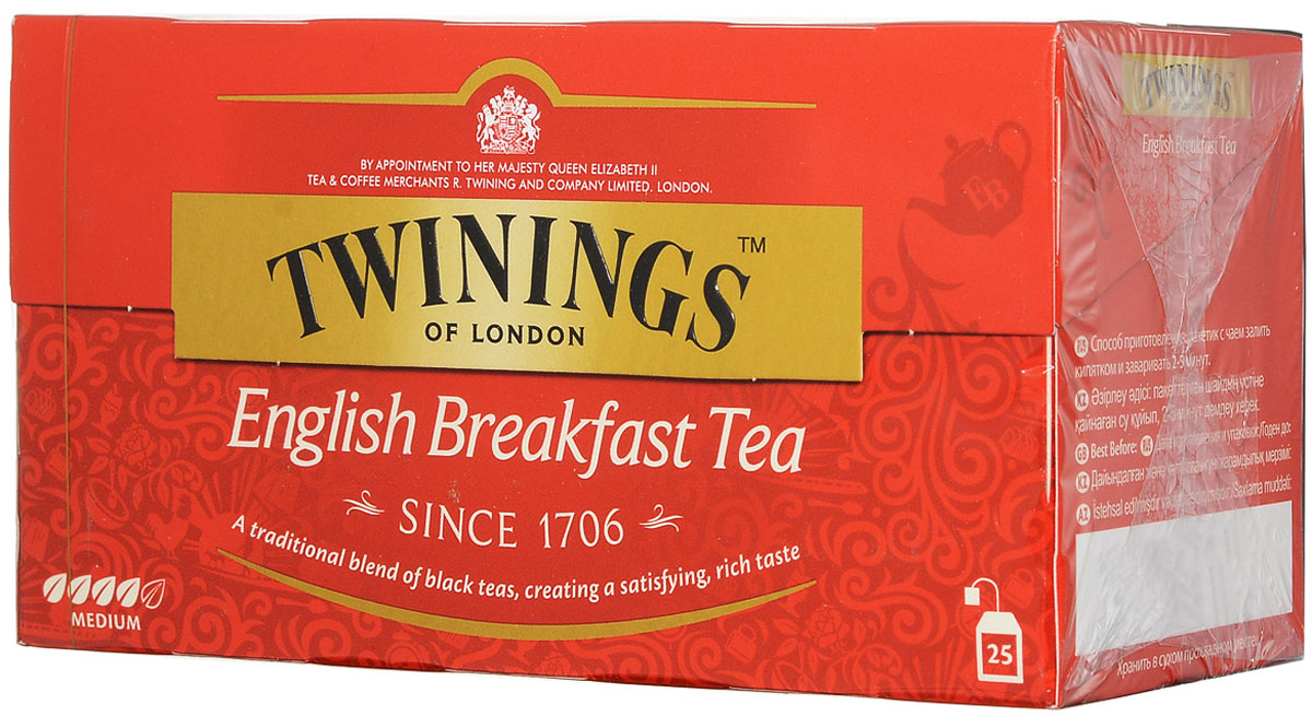Twinings English Breakfast чай черный в пакетиках, 25 шт01816 Twinings English Breakfast чай черный в пакетиках, 25 шт01816Чай Twinings - это истинно английский напиток премиум-класса, который выпускается одним из лидеров международного рынка чая. Компания была основана в 1706 Томасом Твайнингом, который открыл свой частный чайный салон в Лондоне, на улице Стрэнд. Начните день с чашки душистого напитка и ощутите прилив сил и хорошего настроения.