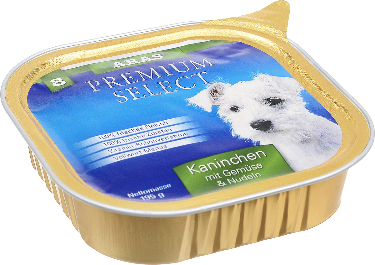Консервы для собак Aras Premium Select, с кроликом, овощами и лапшой, 195 г101208 Консервы для собак Aras Premium Select, с кроликом, овощами и лапшой, 195 г101208Повседневный консервированный корм Aras Premium Select подходим для собак всех пород и всех возрастов. При производстве корма используются исключительно свежие натуральные продукты: мясо кролика и говядины, овощи, лапша и экстракт масла зародышей зерна пшеницы холодного отжима (Bio-Dura). Благодаря уникальной технологии, схожей с технологий Souse Vide, при изготовлении сохраняются все натуральные витамины и минералы. Это достигается благодаря бережной обработке всех ингредиентов при температуре менее 80 градусов. Такая бережная обработка продуктов не стерилизует продуктовые компоненты, поэтому корма не нуждаются ни в каких дополнительных вкусовых добавках и сохраняют все необходимые полезные вещества. Не содержит химических красителей, усилителей вкуса, искусственных консервантов, химических добавок и ГМО. Состав: мясо (кролик/говядина) 94%, овощи 2%, лапша 2%, экстракт зародышей пшеницы холодного отжима 2%. Пищевая ценность: белки 12,6%,...