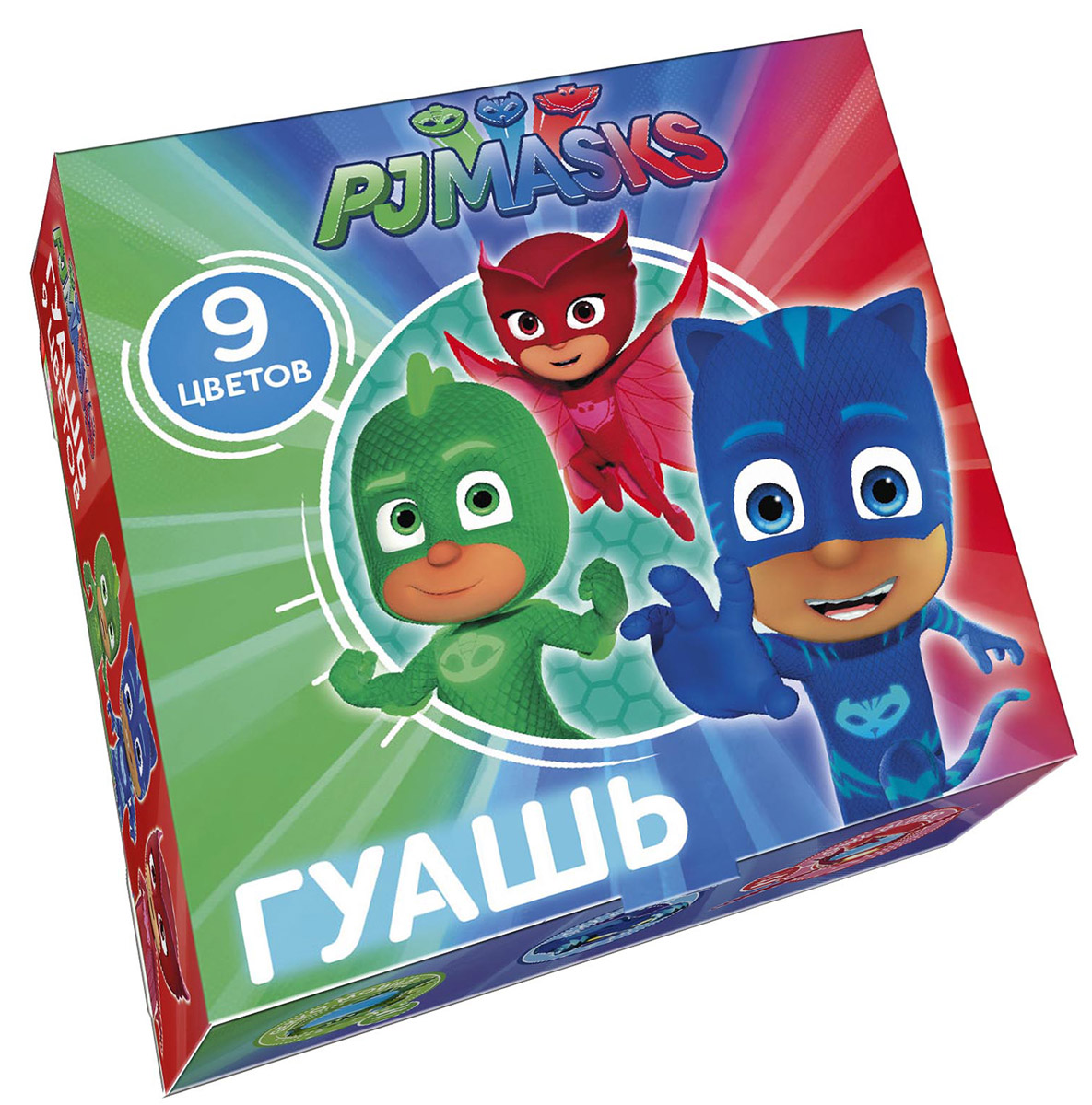 PJ Masks Гуашь Герои в масках 9 цветов32767 PJ Masks Гуашь Герои в масках 9 цветов327679 насыщенных цветов гуаши PJ Masks Герои в масках помогут вашему юному художнику создавать множество ярких рисунков, развивая при этом воображение, мелкую моторику, цветовосприятие и умение рисовать. А герои мультфильма, изображенные на упаковке, будут радовать кроху и вдохновлять на новые детские шедевры. Краска идеально подходит для рисования на бумаге, картоне, холсте, ткани и фанере: она хорошо размывается водой, легко наносится, при высыхании приобретает матовую, бархатистую поверхность. Гуашь легко смывается с рук и одежды, безопасна при использовании по назначению. В наборе Герои в масках 9 насыщенных цветов гуаши в прозрачных баночках по 20 мл с навинчивающимися крышками. Цвета: белый, желтый, оранжевый, красный, розовый, синий, зеленый, коричневый, черный. Состав: вода питьевая, метилцеллюлоза, пигменты органические и неорганические, глицерин. Срок годности: 2 года. Размер упаковки: 11,6 х 11,6 х 4 см.