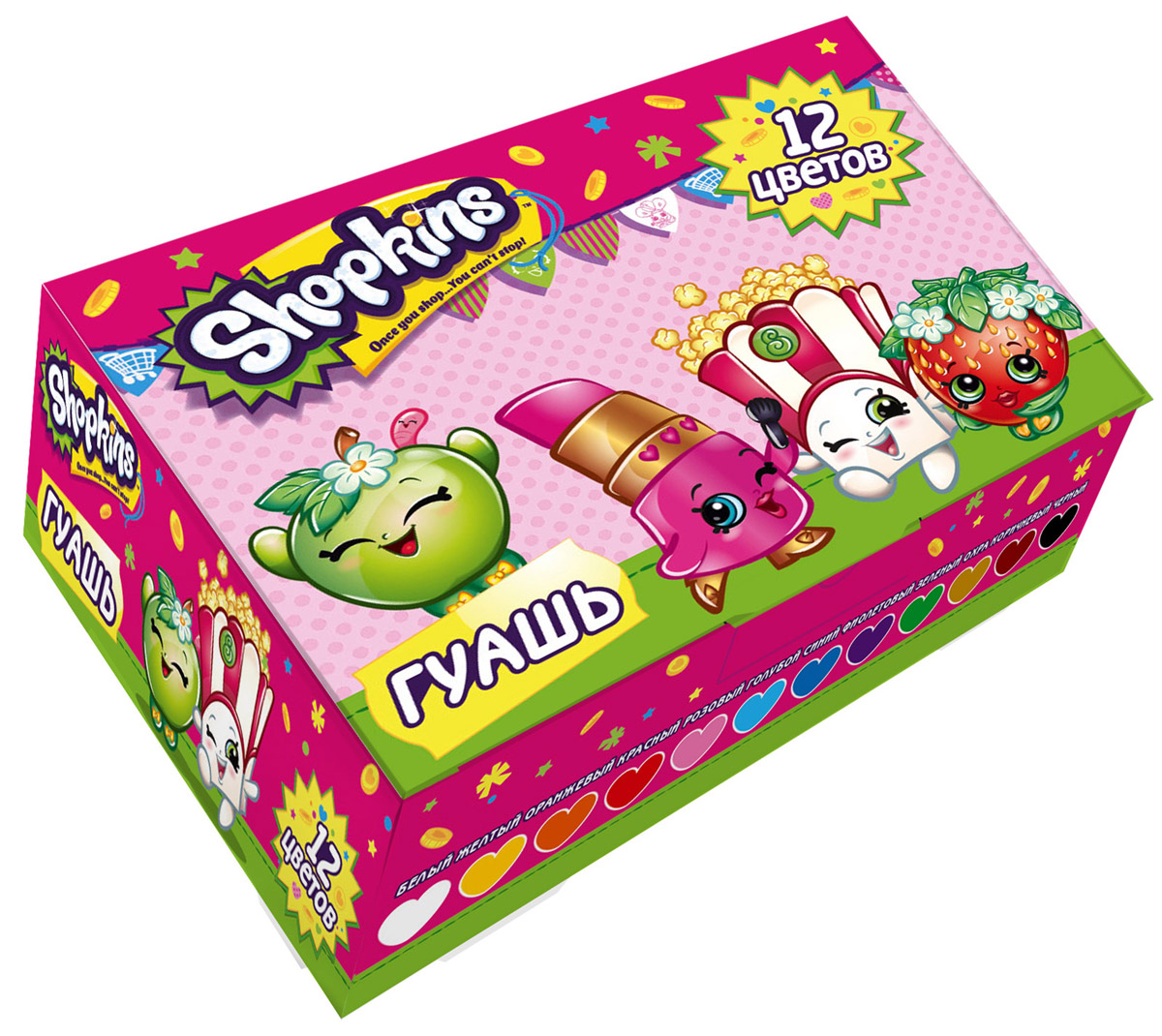 Shopkins Гуашь Шопкинс 12 цветовFS-54103 Shopkins Гуашь Шопкинс 12 цветовFS-5410312 насыщенных цветов гуаши Shopkins помогут вашей юной художнице создавать множество ярких рисунков, развивая при этом воображение, мелкую моторику, цветовосприятие и умение рисовать. А милые герои, изображенные на упаковке, будут радовать кроху и вдохновлять на новые детские шедевры. Краска идеально подходит для рисования на бумаге, картоне, холсте, ткани и фанере: она хорошо размывается водой, легко наносится, при высыхании приобретает матовую, бархатистую поверхность. Гуашь легко смывается с рук и одежды, безопасна при использовании по назначению.В наборе Shopkins 12 насыщенных цветов гуаши в прозрачных баночках по 20 мл с навинчивающимися крышками. Цвета: белый, желтый, оранжевый, красный, розовый, голубой, фиолетовый, охра, синий, зеленый, коричневый, черный. Состав: вода питьевая, метилцеллюлоза, пигменты органические и неорганические, глицерин.Срок годности: 2 года. Размер упаковки: 15,2 х 11,5 х 4 см.
