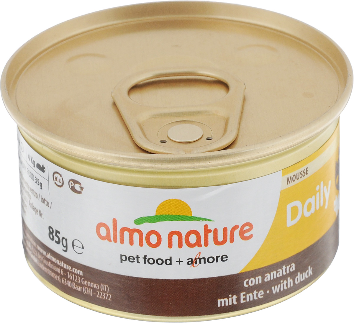 Консервы для кошек Almo Nature, нежный мусс с уткой, 85 г20347 Консервы для кошек Almo Nature, нежный мусс с уткой, 85 г20347Консервы для кошек Almo Nature сохраняют свежесть каждого кусочка. Корм изготовлен только из свежих высококачественных натуральных ингредиентов, что обеспечивает здоровье вашей кошки. Не содержит ГМО, антибиотиков, химических добавок, консервантов и красителей. Состав: мясо и его производные (утка 4%), минералы, экстракт растительных волокон. Добавки: витамин A 1110 IU/кг, витамин D3 140 IU/кг, витамин E 10 мг/кг, таурин 490 мг/кг, сульфат меди пентагидрат 4,4 мг/кг (Cu 1.1 мг/кг). Технологические добавки: камедь кассии 3000 мг/кг. Пищевая ценность: белки 9,5%, клетчатка 0,4%, масла и жиры 6%, зола 2%, влажность 81%. Калорийность: 881 килокалорий/кг. Товар сертифицирован.