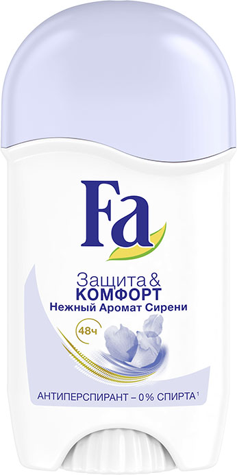 Fа Антиперспирант - Стик Защита & Комфорт Аромат Сирени 50 млFS-00897 Fа Антиперспирант - Стик Защита & Комфорт Аромат Сирени 50 млFS-00897• Надежная защита: длительная защита против пота и запаха до 48 часов• Бережная защита: новая формула с Технологией Сухих Масел регулирует потоотделение, защищая кожу от пересушивания, – для ощущения мягкости кожи• Нежный и деликатный аромат сирени• 0% спирта• Против пятен• Бережное воздействие на кожу дерматологически протестировано