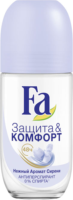 Fа Роликовый антиперспирант Защита & Комфорт Аромат Сирени 50 мл1212194521 Fа Роликовый антиперспирант Защита & Комфорт Аромат Сирени 50 мл1212194521• Надежная защита: длительная защита против пота и запаха до 48 часов • Бережная защита: новая формула с Технологией Сухих Масел регулирует потоотделение, защищая кожу от пересушивания, – для ощущения мягкости кожи • Нежный и деликатный аромат сирени • 0% спирта • Против пятен • Бережное воздействие на кожу дерматологически протестировано