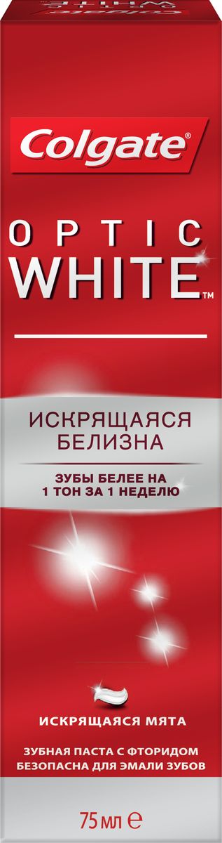 Colgate Зубная паста Optic White, отбеливающая, 75 млFCN89397 Colgate Зубная паста Optic White, отбеливающая, 75 млFCN89397Зубная паста Colgate Optic White с высокоэффективными полирующими микрочастицами содержит ингредиент, подобный тому, что используют стоматологи. Colgate Optic White бережно удаляет потемнения с поверхности зубов, а также препятствует образованию зубного камня, помогая сделать dаши зубы белее на 1 тон за 1 неделю. На основании исследований компании Колгейт-Палмолив, по шкале оттенков Vitapan (Витапан), восстанавливает естественную белизну зубов. Характеристики: Объем: 75 мл. Производитель: Китай. Товар сертифицирован.