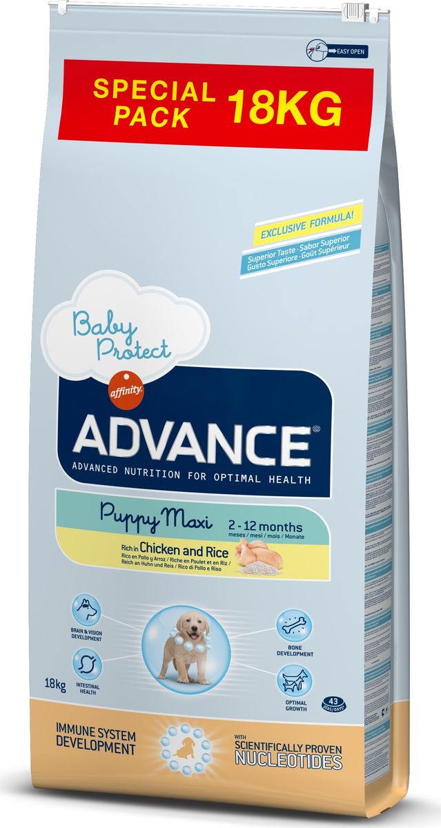 Корму сухой Advance для щенков крупных пород от 2 до 12 месяцев Babyprotect Maxi, 18 кг. 9221520120710 Корму сухой Advance для щенков крупных пород от 2 до 12 месяцев Babyprotect Maxi, 18 кг. 9221520120710Advance – высококачественный корм супер-премиум класса Испанской компании Affinity Petcare, которая занимает лидирующие места на Европейском и мировом рынках. Корм разработан с учетом всех особенностей развития и жизнедеятельности собак и кошек. В линейке кормов Advance любой хозяин может подобрать необходимое питание в соответствии с возрастом и уникальными особенностями своего животного, а также в случае назначения специалистами ветеринарной диеты. Курица (16%), рис (15%), дегидрированное мясо курицы, мука из маиса,пшеница, маис, животный жир, гидролизированный белок животного происхождения, свекольный жом, дрожжи,яичный порошок, гидролизированное масло подсолнечника, рыбий жир, плазменный протеинs,овсяныe волокна, хлористый калий, соль, трикальцийфосфат, нуклеотиды, глюкозамин, хондроитинсульфат.Affinity Petcare имеет собственную лабораторию, а также сотрудничает со множеством международных исследовательских центров, благодаря чему специалисты постоянно совершенствуют рецептуру и полезные свойства своих кормов.В составе главным источником белка является СВЕЖЕЕ мясо, благодаря которому корм обладает высокими вкусовыми качествами, а также высокой питательной ценностью.