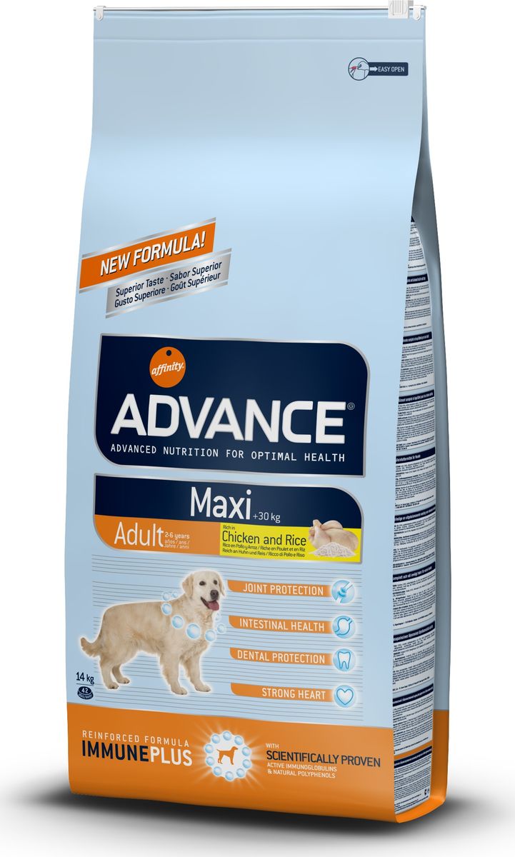 Корму сухой Advance для взрослых собак крупных пород Maxi Adult, 14 кг. 5003160120710 Корму сухой Advance для взрослых собак крупных пород Maxi Adult, 14 кг. 5003160120710Advance – высококачественный корм супер-премиум класса Испанской компании Affinity Petcare, которая занимает лидирующие места на Европейском и мировом рынках. Корм разработан с учетом всех особенностей развития и жизнедеятельности собак и кошек. В линейке кормов Advance любой хозяин может подобрать необходимое питание в соответствии с возрастом и уникальными особенностями своего животного, а также в случае назначения специалистами ветеринарной диеты. Курица (16%), дегидрированное мясо курицы, рис (15%), пшеница, маисовый глютен, маис, животный жир, гидролизированный белок животного происхождения, свекольный жом,яичный порошок, дрожжи, рыбий жир, хлористый калий, плазменный протеинs, пирофосфорнокислый натрий, глюкозамин, хондроитинсульфат, природные полифенолы.Affinity Petcare имеет собственную лабораторию, а также сотрудничает со множеством международных исследовательских центров, благодаря чему специалисты постоянно совершенствуют рецептуру и полезные свойства своих кормов.В составе главным источником белка является СВЕЖЕЕ мясо, благодаря которому корм обладает высокими вкусовыми качествами, а также высокой питательной ценностью.