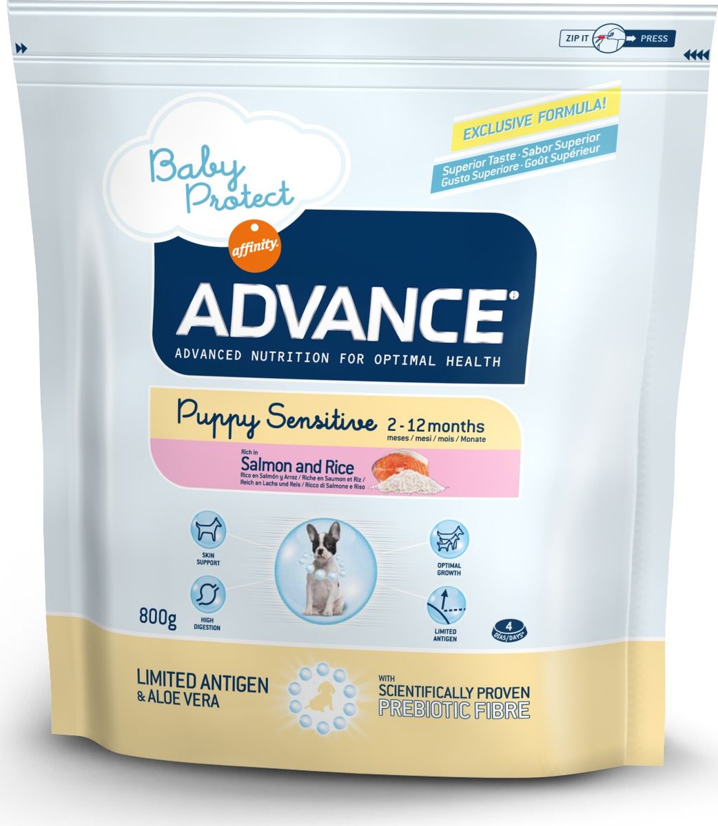 Корму сухой Advance для щенков с чувствительным пищеварением: лосось и рис Puppy Sensitive, 0,8 кг. 5009330120710 Корму сухой Advance для щенков с чувствительным пищеварением: лосось и рис Puppy Sensitive, 0,8 кг. 5009330120710Advance – высококачественный корм супер-премиум класса Испанской компании Affinity Petcare, которая занимает лидирующие места на Европейском и мировом рынках. Корм разработан с учетом всех особенностей развития и жизнедеятельности собак и кошек. В линейке кормов Advance любой хозяин может подобрать необходимое питание в соответствии с возрастом и уникальными особенностями своего животного, а также в случае назначения специалистами ветеринарной диеты. Лосось (18%), маис, рис (14%), дегидрированный белок лосося,маисовый глютен, животный жир, гидролизированный белок животного происхождения, картофельный протеин, дрожжи, гидролизированный коллаген, свекольный жом, растительные волокна, хлористый калий,фруктоолигосахариды (0.43%), рыбий жир, карбонат кальция, соль, алоэ вера (0.005%)Affinity Petcare имеет собственную лабораторию, а также сотрудничает со множеством международных исследовательских центров, благодаря чему специалисты постоянно совершенствуют рецептуру и полезные свойства своих кормов.В составе главным источником белка является СВЕЖЕЕ мясо, благодаря которому корм обладает высокими вкусовыми качествами, а также высокой питательной ценностью.
