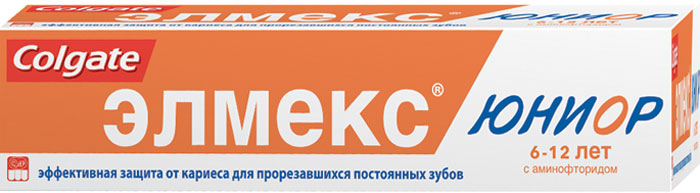 Colgate Детская зубная паста Элмекс Юниор, для детей 6-12 лет, 75 мл267175 / 282865 Colgate Детская зубная паста Элмекс Юниор, для детей 6-12 лет, 75 мл267175 / 282865Зубная паста Элмекс Юниор укрепляет эмаль и защищает от кариеса вновь прорезавшиеся постоянные зубы. Предназначена для ежедневной гигиены полости рта детей в возрасте 6-12 лет с целью обеспечения длительной защиты от кариеса, снижения растворимости и укрепления зубной эмали. Товар сертифицирован.