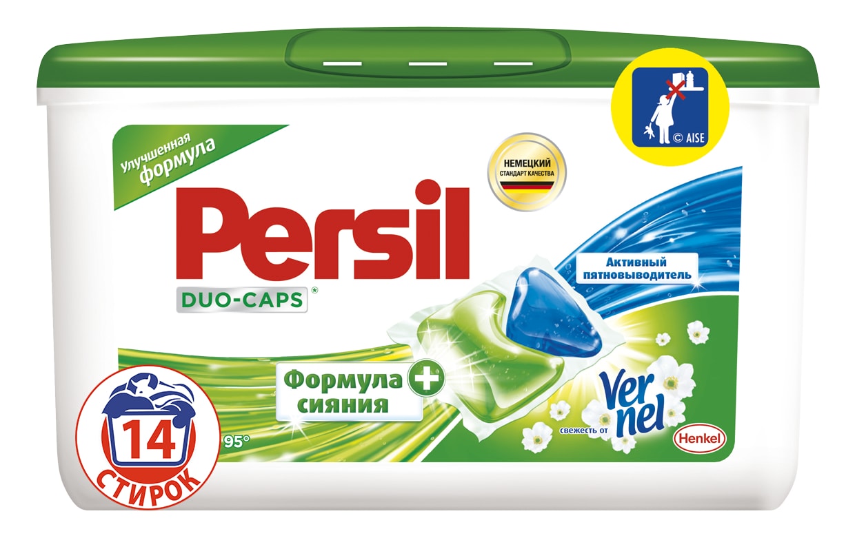 Капсулы для стирки Persil Duo-Caps, свежесть от Vernel, 15 шт935044 Капсулы для стирки Persil Duo-Caps, свежесть от Vernel, 15 шт935044Капсулы Persil Duo-Caps - высококонцентрированное жидкое средство для стирки с улучшенной формулой сияния и активным пятновыводителем. Persil Duo-Caps - последняя инновация в линейке средств для стирки. Подходит для изделий из хлопчатобумажных, льняных, синтетических тканей и тканей из смешанных волокон (кроме шерсти и шелка) в стиральных машинах-автоматах в воде любой жесткости. Пленка 100% водорастворима. Состав: 15 - 30% анионные ПАВ, неионогенные ПАВ, 5-15% мыло, Товар сертифицирован.