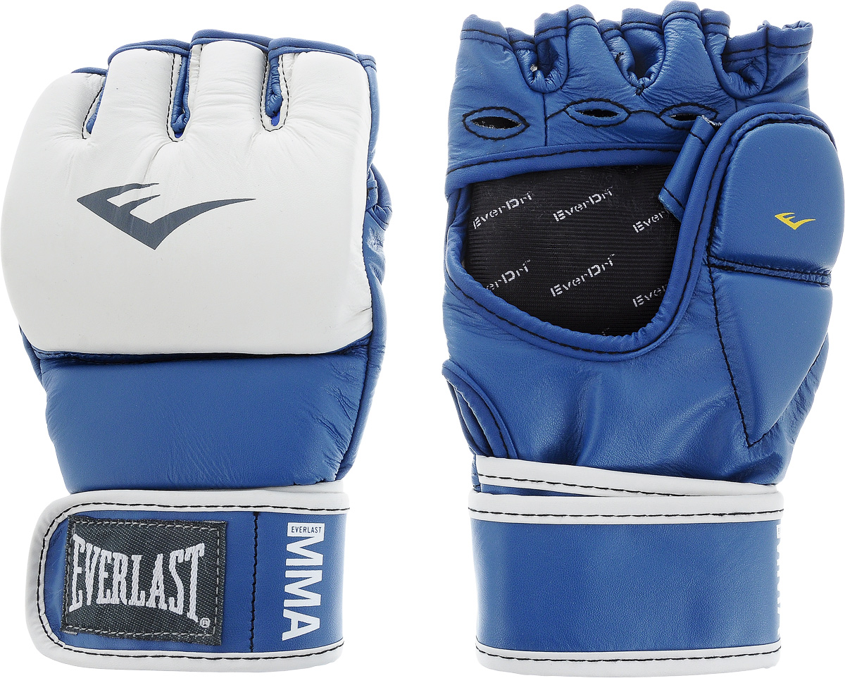 Перчатки тренировочные Everlast MMA Grappling, цвет: синий, белый. Размер S/M7684BLSMU Перчатки тренировочные Everlast MMA Grappling, цвет: синий, белый. Размер S/M7684BLSMUТренировочные перчатки Everlast MMA Grappling предназначены для отработки захватов. Натуральная кожа высшего качества вкупе с превосходным дизайном гарантируют долговечность и функциональность. Перчатки идеально повторяют все анатомические изгибы кисти Защита большого пальца состоит из двух секций для большей свободы, швы на ладони значительно усилены. Обмотки с застежкой на липучке позволяют подогнать перчатки по вашей руке, а также обеспечивают максимальную фиксацию запястья.