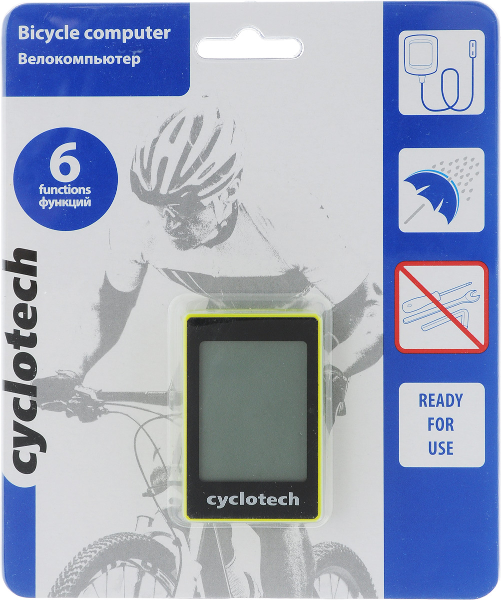 Велокомпьютер Cyclotech. CBC-I6GRNCBC-I6GRN Велокомпьютер Cyclotech. CBC-I6GRNCBC-I6GRNПроводной велокомпьютер Cyclotech оснащен 6 функциями и предназначен для использования при занятиях велоспортом. Это удобный и простой в использовании электронный прибор, предоставляющий велосипедисту всю необходимую информацию о поездке. Велокомпьютер крепится на руле с возможностью мгновенно отсоединить его, когда нет желания оставлять на велосипеде без присмотра или под дождем. Функционал: Текущая скорость/средняя скорость/время текущей поездки. Текущая дистанция. Часы. Режим сканирования. Индикатор низкой зарядки батарей. Сравнение скоростей. Автоматическое выключение. Работает от батарейки CR02R. Время работы: 350 ч.