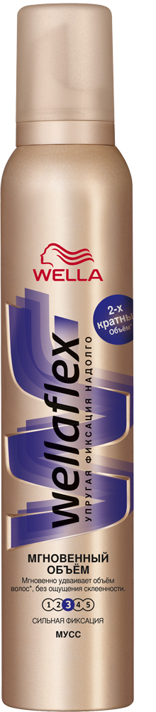 Wellaflex Мусс для волос Мгновенный объем сильной фиксации 200 млFS-00897 Wellaflex Мусс для волос Мгновенный объем сильной фиксации 200 млFS-00897Мусс Wellaflex «Мгновенный объем» – это инновационное средство для укладки нового поколения, насыщенное кислородом. Саша Бройер рекомендует использовать мусс для достижения головокружительного объема: «Когда мы говорим об объемных прическах, то мусс для укладки хорошего качества – это must have. Мусс Wellaflex Мгновенный объем – это просто удивительное средство. Он оставляет волосы такими мягкими и объемными, что никто не догадается, что ваша прическа – это результат укладки».Формула мусса «Мгновенный объем» содержит lift-частницы сферической формы, которые заполняют пустоты между каждым волосом, мгновенно делая их объемнее в 2 раза*. Мусс не склеивает и не сушит волосы, оставляя их легкими и подвижными.