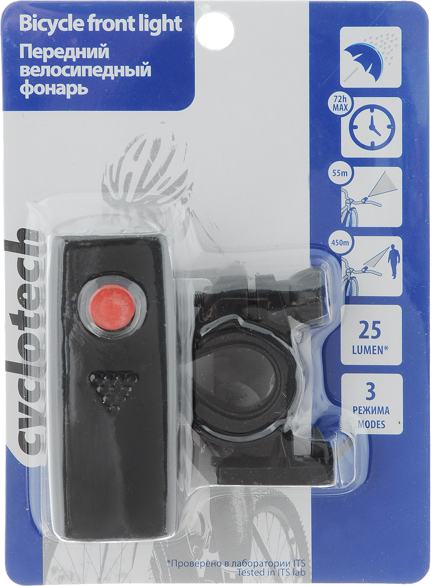 Фонарь велосипедный Cyclotech, передний. QL-230A1508160 Фонарь велосипедный Cyclotech, передний. QL-230A1508160Велосипедный фонарь Cyclotech имеет легкий, компактный и водонепроницаемый корпус. Велосипедный фонарь снабжен тремя светодиодами. Он легко крепится и снимается при необходимости. Крепеж на руль входит в комплект. Фонарь работает от 3 батареек типа AAA (в комплект не входят). Фонарь имеет 3 режима яркости: дальний свет, ближний свет и мигающий. Режимы горения регулируются непосредственно велосипедистом легким нажатием кнопки. Устройство воспроизводит световой поток мощностью до 25 люмен. Максимальное время работы: 72 часа.Максимальная дальность свечения: 55 м.Максимальная видимость: 450 м.Размер фонаря: 8 х 3,2 х 3 см
