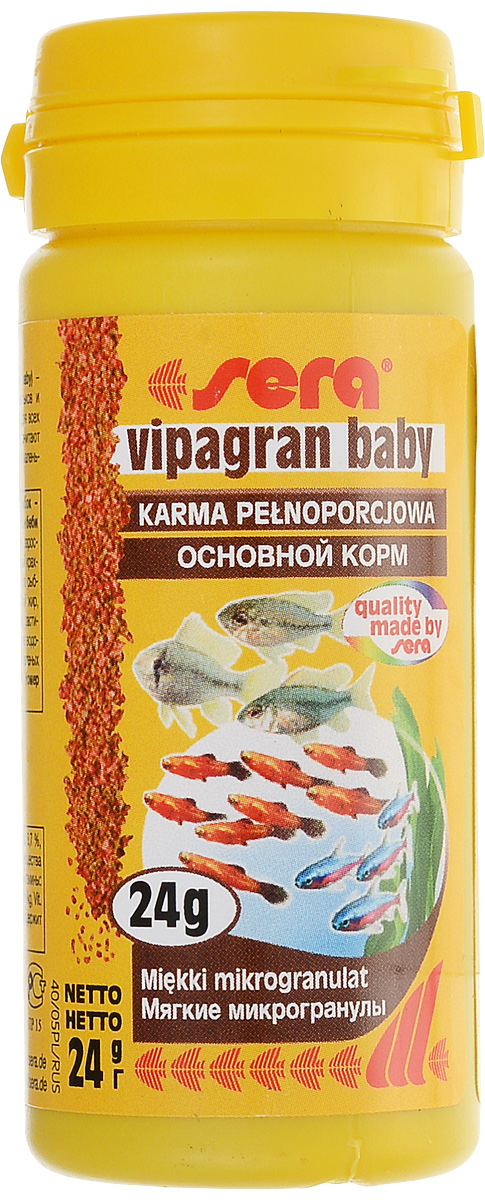 Корм для рыб Sera Vipagran Baby, 50 мл (24 г)0120710 Корм для рыб Sera Vipagran Baby, 50 мл (24 г)0120710Sera Vipagran Baby - комплексный корм для молодых декоративных рыб, состоящий из мягких микрогранул. Тщательно подобранные ингредиенты корма с пребиотическим действием способствуют оптимальному развитию и устойчивости к заболеваниям. Кормить несколько раза в день, но только в том количестве, которое рыбы могут съесть в течение короткого периода времени. Инредиенты: кукурузный крахмал, пшеничная клейковина, рыбная мука, цельный яичный порошок, казеинат кальция, пшеничная мука, рыбий жир (в том числе 49% Омега жирных кислот), пивные дрожжи, спирулина, пшеничные зародыши, растительное сырье, люцерна, крапива, петрушка, гаммарус, морские водоросли, паприка, маннанолигосахариды (0,4%), шпинат, морковь, водоросль гематококкус, зеленые мидии, чеснок. Аналитический состав: протеин 41,9%, жиры 8,7%, клетчатка 3,5%, влажность 5,0%, зольные вещества 4,0%. Содержание добавок: витамин A 37.000 IU/kg, витамин D3 1.800 lU/kg, витамин E (D, L-a-tocopheryl acetate) 120 mg/kg, витамин B1 35 mg/kg, витамин B2 90 mg/kg, стаб. витамин С (L-ascorbyl monophosphate) 550 mg/kg. Содержит пищевые красители допустимые в ЕС.