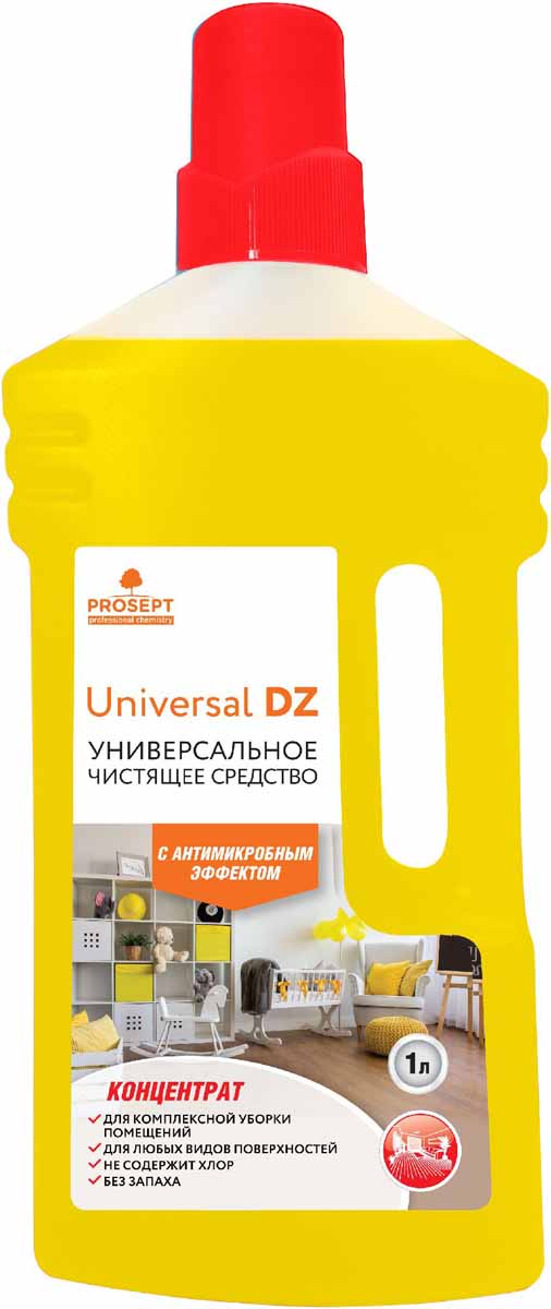 Средство моющее Prosept Universal DZ, универсальное, с дезинфицирующим эффектом, концентрат, 1 л107-1 Средство моющее Prosept Universal DZ, универсальное, с дезинфицирующим эффектом, концентрат, 1 л107-1Нейтральное моющее низкопенное средство на основе ЧАС с антимикробным эффектом для мытья полов, стен, лестниц, дверей, корпусной мебели. Удаляет основные виды загрязнений со всех типов твердых поверхностей. Обладает широким антимикробным действием - уничтожает микроорганизмы (бактерии, грибки).