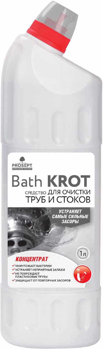 Средство для устранения засоров в трубах Prosept Bath Krot, концентрат, 1 л111-1 Средство для устранения засоров в трубах Prosept Bath Krot, концентрат, 1 л111-1Сильнощелочное чистящее средство для профилактики и устранения засоров в сточных и канализационных трубах. Удаляет сильные засоры органического происхождения, растворяя бумагу, волосы, жиры, пищевые отходы, мыло и пр. Уничтожает бактерии. Устраняет неприятные запахи. Глубоко проникает и очищает даже заполненные водой трубы. Обладает консервирующим эффектом, предохраняя от повторных засоров.