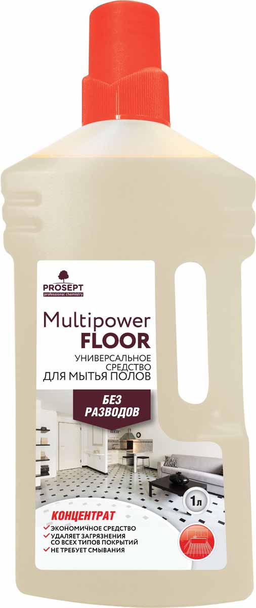 Средство для мытья полов Prosept Multipower Floor, концентрат, 1 л230-1 Средство для мытья полов Prosept Multipower Floor, концентрат, 1 л230-1Щелочное моющее средство. Эффективно в воде любой жесткости и температуры. Удаляет атмосферные, почвенные, органические и другие виды загрязнений со всех типов твердых поверхностей и напольных покрытий. Для мытья ручным и механизированным способом