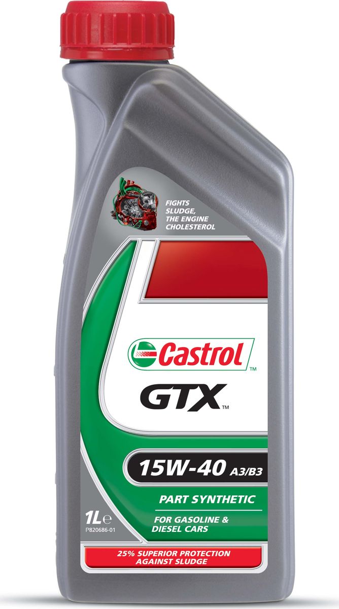 Моторное масло Castrol GTX 15W-40 A3/B3, 1 л156A3C Моторное масло Castrol GTX 15W-40 A3/B3, 1 л156A3CОписание Castrol GTX 15W-40 A3/B3 – моторное масло с синтетическими компонентами для бензиновых и дизельных двигателей. Подходит для автомобилей иностранного и отечественного производства. Castrol GTX – это комплекс технических решений и технологий, ежедневно защищающий Ваш двигатель от негативных воздействий, в частности, от образования шлама. Тяжёлые условия эксплуатации автомобиля, такие как частая работа двигателя в режимах остановка – движение / стоп – старт, суровый климат и увеличенные интервалы замены масла, могут приводить к образованию густых смолистых отложений, которые называются шламами. Шлам может привести к ухудшению циркуляции масла и преждевременному выходу двигателя из строя. Сastrol GTX защищает двигатель от образования отложений на 25% лучше по сравнению с нормами, установленными стандартами API SL и ACEA A3/B3. Применение Моторное масло Castrol GTX 15W-40 A3/B3 подходит для применения в бензиновых и дизельных двигателях, в которых производитель рекомендует...