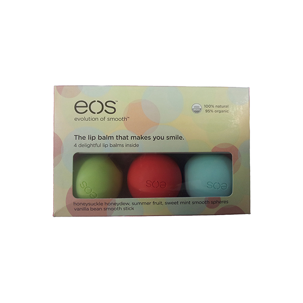 EOS Набор Smooth Sphere/Smooth Stick Multipack002722 EOS Набор Smooth Sphere/Smooth Stick Multipack002722EOS Набор Smooth Sphere / Smooth Stick Multipack включает три бальзама EOS сферической формы: Summer Fruit (летние фрукты), Sweet Mint (мята), Honeysuckle Honeydew (жимолость), и один стик Vanilla Bean Smooth stick с ароматом ванили. Бальзамы для губ EOS на 100% натуральные, содержат антиоксиданты богатые витамином Е, успокаивающие масла ши и жожоба. Ваши губы будут всегда увлажнёнными, мягкими и гладкими.