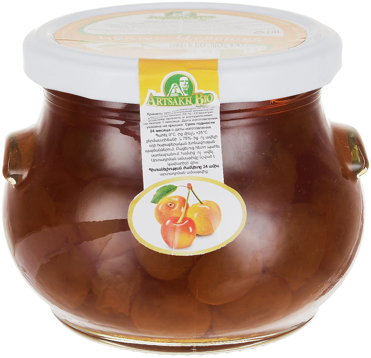 Artsakh Bio варенье из черешни, 450 г130211020009 Artsakh Bio варенье из черешни, 450 г130211020009Черешня пользуется огромной популярностью. Это прародительница вишни. Плоды черешни имеют сердцевидную форму. Окраска светлая желтая, почти белая. В их состав входят сахар, органические кислоты, микроэлементы, макроэлементы (йод, железо, кальций), витамины А, Е, В, С. Пектиновые вещества, находящиеся в ягоде, благотворно влияют на пищеварение, а антоцианы защищают организм человека от свободных радикалов. Полезные ягоды помогают быстро избавиться от отеков. Варенье Artsakh Bio очень вкусное, янтарного цвета. Уважаемые клиенты! Обращаем ваше внимание, что полный перечень состава продукта представлен на дополнительном изображении.