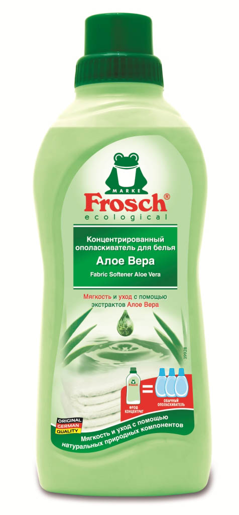 Ополаскиватель для белья Frosch, концентрированный, с Алое Вера, 750 мл709329 Ополаскиватель для белья Frosch, концентрированный, с Алое Вера, 750 мл709329Ополаскиватель для белья Frosch с помощью активных веществ на растительной основе смягчает волокна ткани, защищает их и сохраняет воздухопроницаемость белья. Средство подходит для хлопка, шерсти, вискозы, меланжевой ткани и синтетических волокон (например, эластана). Содержит натуральные отдушки, которые снижают риск появления раздражения на коже. Не содержит фосфата и формальдегида. Торговая марка Frosch специализируется на выпуске экологически чистой бытовой химии. Для изготовления своей продукции Frosch использует натуральные природные компоненты. Ассортимент содержит все необходимое для бережного ухода за домом и вещами. Продукция торговой марки Frosch эффективно удаляет загрязнения, оберегает кожу рук и безопасна для окружающей среды. Характеристики: Объем: 750 мл. Производитель: Германия. Товар сертифицирован.
