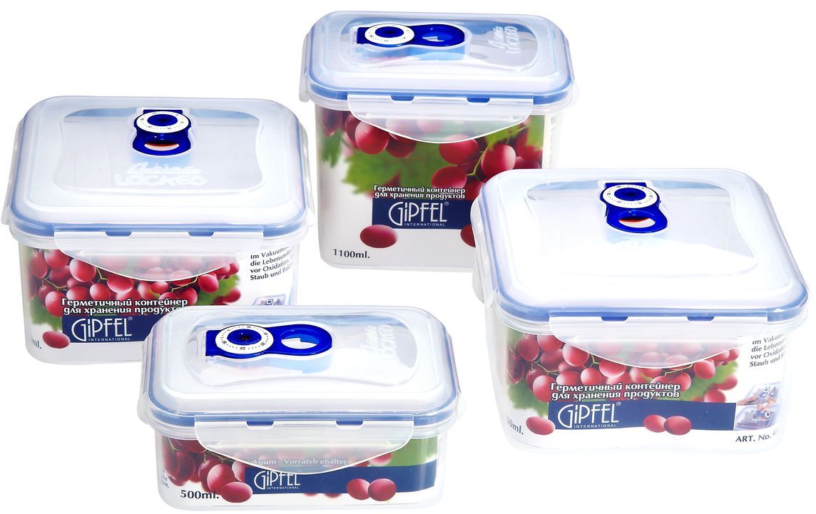 Контейнер вакуумный Gipfel, 4 шт4546 Контейнер вакуумный Gipfel, 4 шт4546Посуда Gipfel изготовлена только из качественных, экологически чистых материалов. Также уделяется особое внимание дизайну продукции, способному удовлетворять вкусы даже самых взыскательных покупателей. Сталь 8/10, из которой изготавливается посуда и аксессуары Gipfel, является уникальной. Она отличается высокими эксплуатационными характеристиками и крайне устойчива к физическим воздействиям. Сложно найти более подходящий для создания качественной кухонной посуды материал. Отличительной чертой металлической посуды, выполненной из подобной стали, является характерный сероватый оттенок поверхности и особый блеск. Это позволяет приготовить более здоровую пищу.