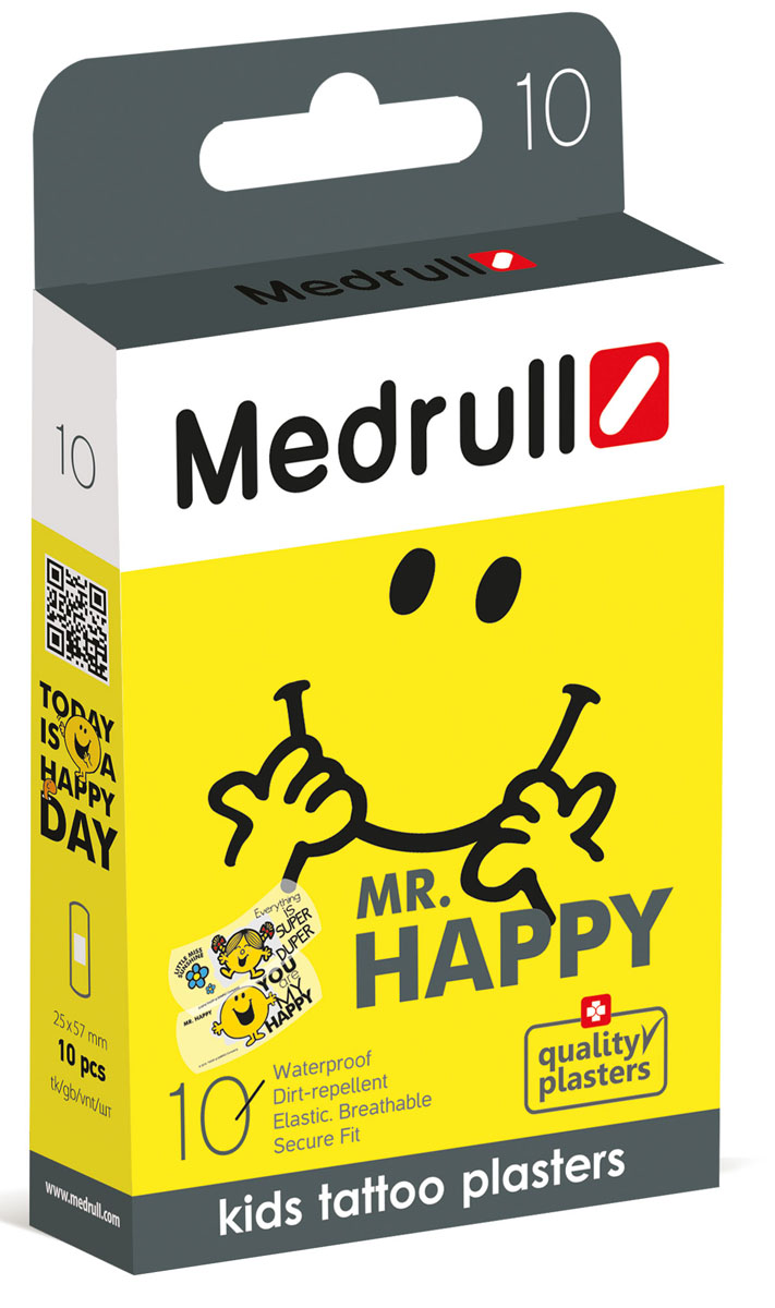 Лейкопластыри медицинские Medrull детские в стрипах , тату Mr. Happy Smileадаптер WN-114 adult/chil Лейкопластыри медицинские Medrull детские в стрипах , тату Mr. Happy Smileадаптер WN-114 adult/chilДетские тату пластыри с забавными и весёлыми картинками героев MR.MEN и LITLE MISS, которых полюбят ваши дети.Прозрачный пластырь-тату для защиты ранки от загрязнения. Благодаря тонкой прозрачной основе, они практически незаметны и Ваш ребёнок будет видеть только весёлую картину, а не пластырь! Абсорбирующая подушечка изготовлена из вискозы и обладает высокой впитываемостью. Верхняя часть подушечки обработана полипропиленом, что защищает от вероятности прилипания пластыря к поврежденной поверхности кожи.