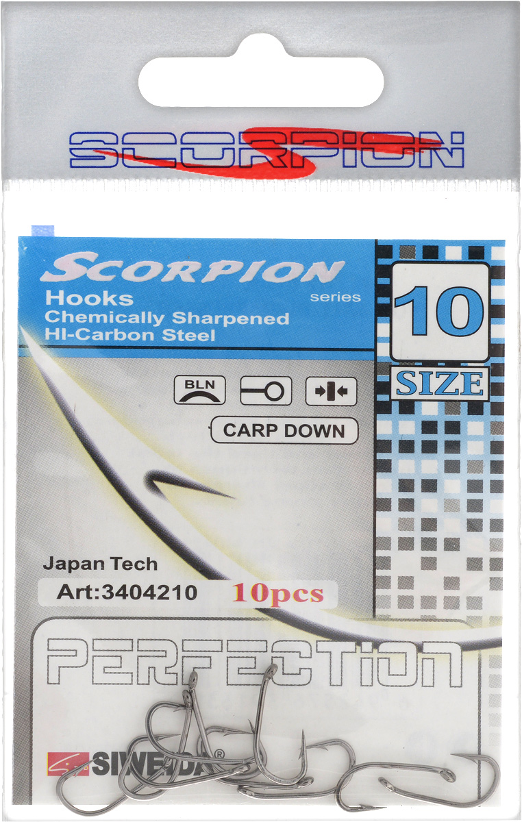 Крючок рыболовный SWD Scorpion, Carp Down, №10, 10 шт0021188 Крючок рыболовный SWD Scorpion, Carp Down, №10, 10 шт0021188Бюджетный одинарный крючок SWD Scorpion с колечком выполнен из высококачественной углеродистой легированной проволоки. Применяется новейшая технология термообработки. Стойкое антикоррозийное покрытие обеспечивает крючкам долгий срок эксплуатации. Жала крючков подвержены электрохимической обработке. Кованный поддев.
