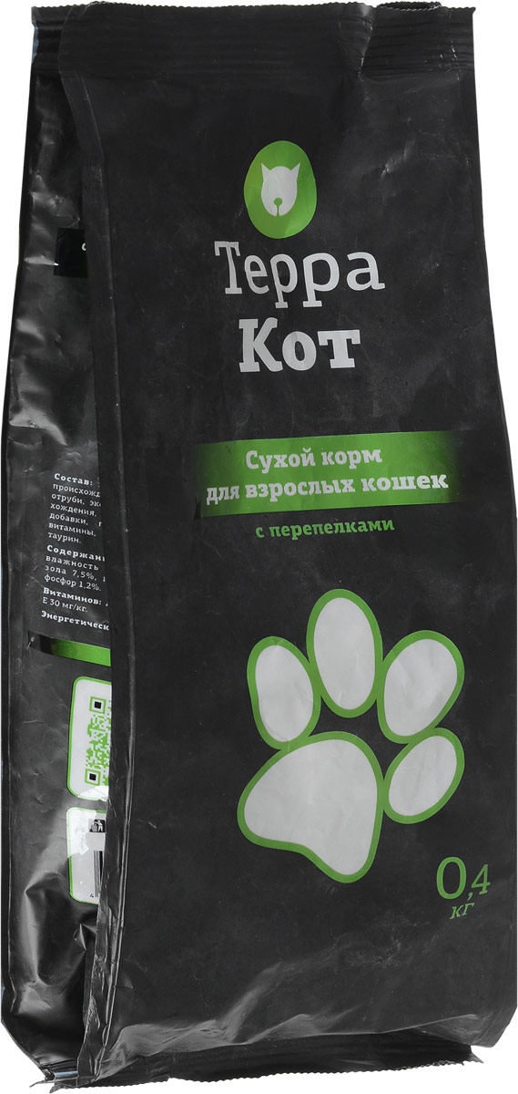 Сухой корм Терра Кот для взрослых кошек, с перепелками, 0,4 кг00-00000404 Сухой корм Терра Кот для взрослых кошек, с перепелками, 0,4 кг00-00000404Сухой корм Терра Кот - это полноценное сбалансированное питание для взрослых кошек, разработанное с использованием современных технологий. Сухой корм Терра Кот обеспечивает: крепкие кости и зубы; энергетический баланс; поддержку иммунитета; питание сердца; здоровую шерсть и кожу; витамины; отличное зрение; развитую мускулатуру; защиту ЖКТ. Характеристики: Состав: злаки, мясо и продукты животного происхождения (в т.ч. перепела), пшеничные отруби, экстракт белка растительного происхождения, подсолнечное масло, минеральные добавки, пульпа сахарной свеклы (жом), витамины, пивные дрожжи, антиоксидант, таурин. Содержание питательных веществ: влажность 9%, протеин 27%, жир 10%, зола 7,5%, клетчатка 3%, кальций 1,3%, фосфор 1,2%. Витаминов: А 5000 МЕ/кг, D3 500 МЕ/кг, Е 30 МЕ/кг. Энергетическая ценность: 345 ккал/100 г. Вес: 0,4 кг. Артикул: 00-00000404.