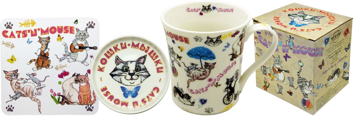 Набор чайный GiftnHome Кошки-мышки, 320 мл115510 Набор чайный GiftnHome Кошки-мышки, 320 мл115510Блюдце и кружка изготовлены из фарфора, подставка - пробка, подарочная коробка - картон