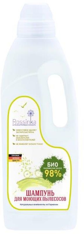 Шампунь для моющих пылесосов Rossinka, 1 л4607002303298 Шампунь для моющих пылесосов Rossinka, 1 л4607002303298Предназначен для чистки и выведения пятен с ковров, ковровых покрытий и тканевой мягкой мебели путем добавления в моющий пылесос. Эффективно удаляет грязь, не оставляет липкого осадка. Средство не содержит окислителей и восстановителей либо других влияющих на изменение окраски добавок. Оказывает щадящее действие на ткани и материалы.