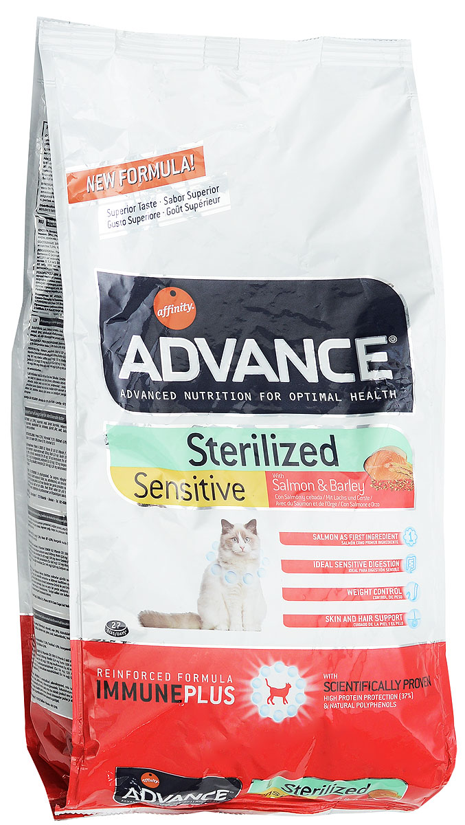 Корм сухой Advance Sterilized, для стерилизованных кошек, ячмень и лосось, 1,5 кг20729 Корм сухой Advance Sterilized, для стерилизованных кошек, ячмень и лосось, 1,5 кг20729Сухой корм Advance Sterilized является полнорационным сбалансированным кормом для кастрированных котов и стерилизованных кошек. Особенности корма Advance Sterilized: предотвращает ожирение без потери мышечной массы; уменьшает риск появление мочекаменной болезни или камней; улучшение гормональных функций. Сухой корм Advance - это высококачественная продукция, основанная на последних разработках в области диетологии и питания, чтобы поддерживать вашего любимца в отличном состоянии. Advance полностью сбалансированный корм, который обеспечивает прекрасное самочувствие животного, как внутри, так и снаружи.