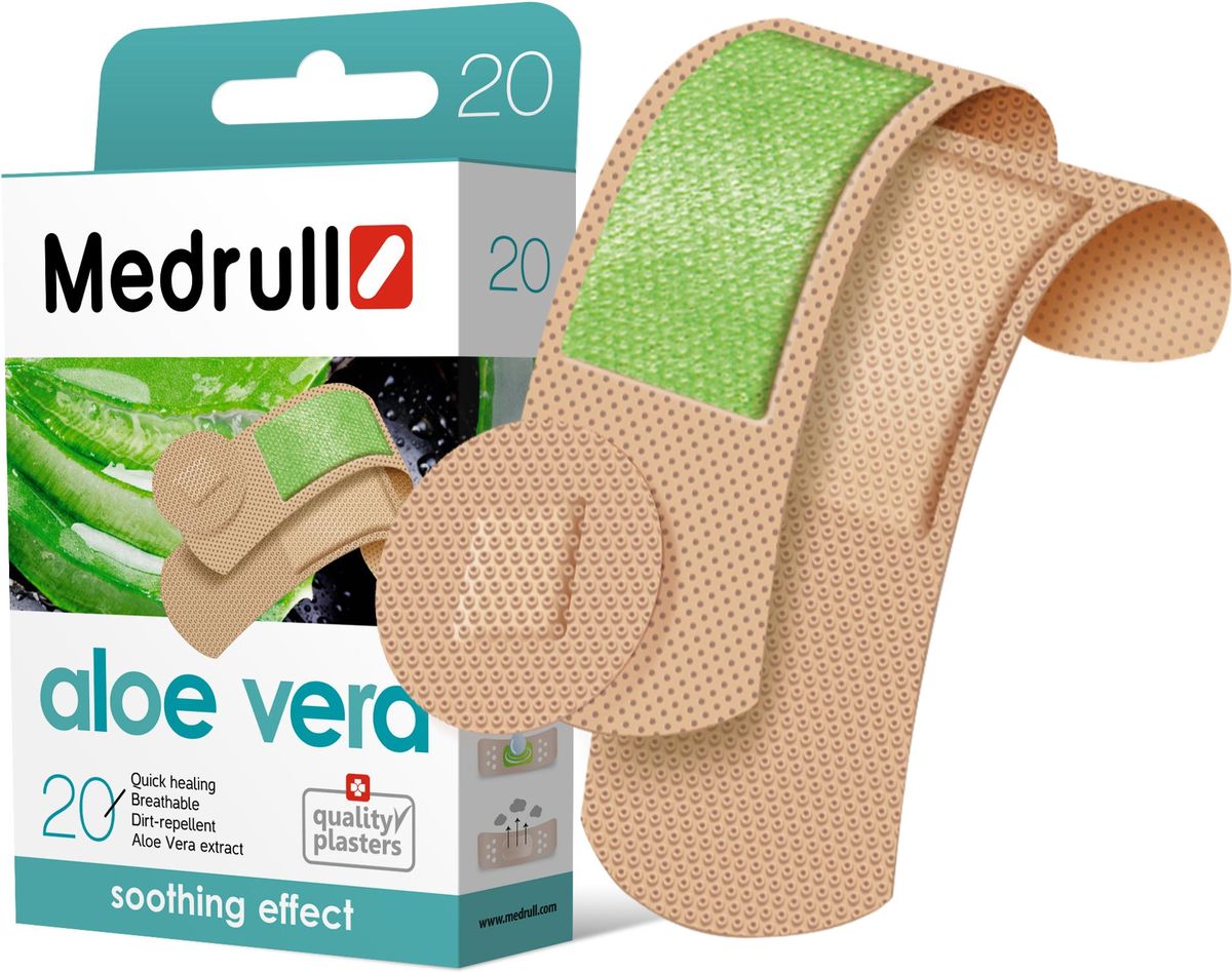 Medrull Набор пластырей Aloe Vera, №204742225004611 Medrull Набор пластырей Aloe Vera, №204742225004611Пластыри с экстрактом Aloe Vera. Научно исследовано, что Aloe Vera является натуральным антисептиком, обладающим свойствами защиты против вирусов, бактерий, грибков, а также болеутоляющим свойством. Благодаря натуральным свойствам, пластыри, абсорбирующая подушечка которых, содержит натуральный экстракт Aloe Vera, своим уникальным биохимическим составом, помогут бережно защитить рану от размножения микроорганизмов и бактерий, а также успокоит кожу и ускорит процесс заживления. Рекомендовано использовать пластыри только после дезинфекции раны. Свойства пластыря: водонепроницаемые, грязенепроницаемые, гипоаллергенные, эластичные, дышащие, плотно прилегающие. Изготовлены из тонкого, полимерного, трехдименсионного, микроперфорированного материала. Абсорбирующая подушечка изготовлена из вискозы и обладает высокой впитываемостью. Верхняя часть подушечки обработана полипропиленом, что защищает от вероятности прилипания пластыря к поврежденной поверхности кожи. Содержит 1.5% экстракт Аloe...