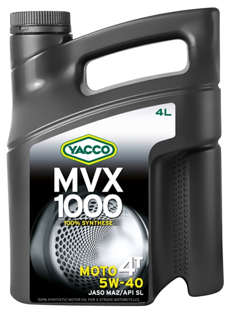 Масло Yacco MVX 1000 4T 5W40, для мотоциклов с 4-тактным двигателем, 4 л334228 Масло Yacco MVX 1000 4T 5W40, для мотоциклов с 4-тактным двигателем, 4 л334228MVX 1000 4T 5W-40 100% синтетическое масло для мотоциклов с 4-тактным двигателем ПРИМЕНЕНИЕ 100% синтетическое масло для мотоциклов с 4-тактовыии двигателем, разработанное и изготовленное по последним современным технологиям. Защищает характеристики двигателя в экстремальных условиях эксплуатации и в дальних поездках на большой скорости; оно значительно превосходит требования ведущих производителей мотоциклов. Это масло рекомендуется, когда производитель требует применения моторного масла вязкостью 5W-40 (например, BMW, Piaggio). ПРЕИМУЩЕСТВА • Коэффициенты трения соответствуют требованиям JASO MA2 и позволяют избежать проскальзывания сцепления и обеспечивают усиленную защиту узла «коробка/сцепление». • 100% синтетический состав масла для оптимальной защиты в высокотемпературных режимах • Класс вязкости SAE 5W-40 обеспечивает быструю смазку при запуске двигателя и сохранение качеств масла в высокотемпературных режимах • Эффективные присадки улучшают индекс вязкости, очень устойчивы...
