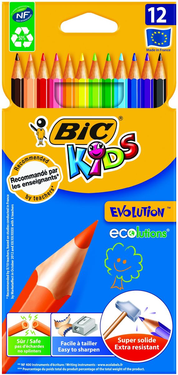 Bic Карандаши цветные Evolution 12 цветов13089 Bic Карандаши цветные Evolution 12 цветов13089Набор из 12 суперпрочных ярких цветных карандашей, не содержащих древесины. Эти карандаши - идеальный вариант для детей, потому что они обладают очень высоким уровнем прочности, в том числе ударопрочным грифелем. Если малышу все же удастся сломать карандаш - на месте излома не образуется острых краев, это снижает вероятность травмирования. Классический шестигранный корпус. Легко затачиваются.