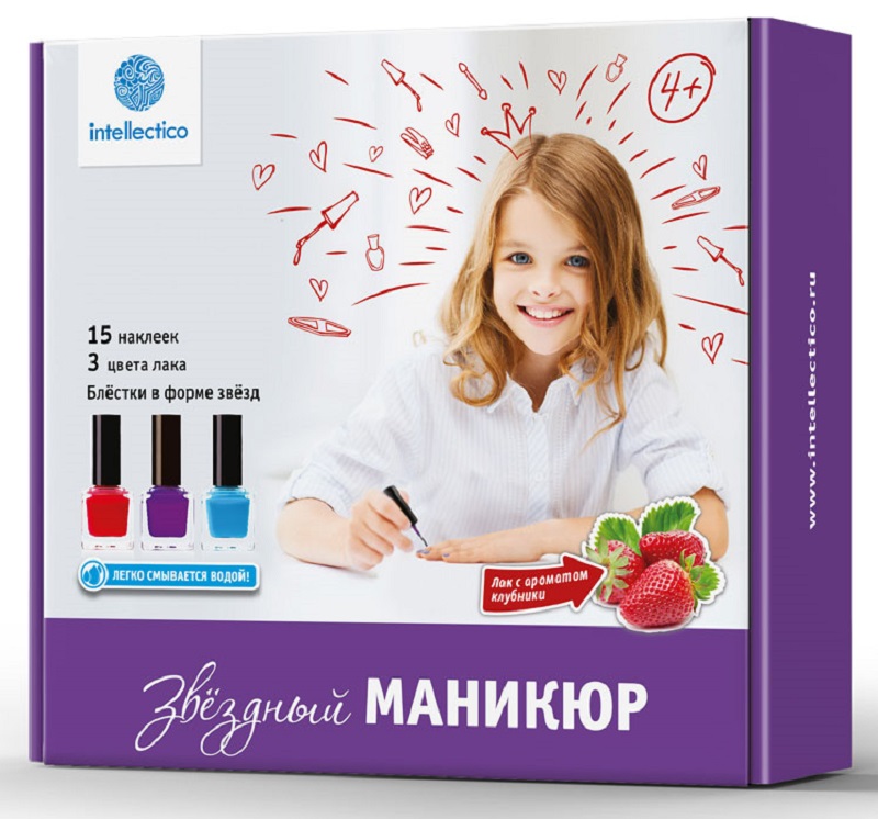 Intellectico Звездный маникюр782 Intellectico Звездный маникюр782Набор Звездный маникюр приведет в восторг любую девочку, следующую современным модным тенденциям. С помощью набора Звездный маникюр девочка сможет сделать стильный вечерний маникюр и стать королевой вечеринки. Настоящие маленькие звездочки будут мерцать на ногтях. Кроме того, маникюр, сделанный с помощью лаков из набора, является безопасным. Лаки имеют уникальную формулу, благодаря которой легко смываются водой.