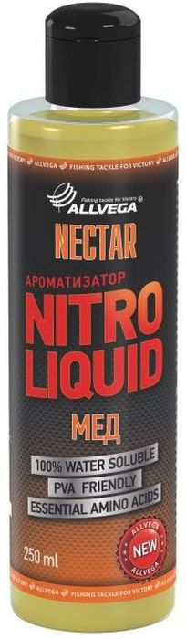 Ароматизатор жидкий Allvega Nitro Liquid. Nectar, 250 мл95942-530 Ароматизатор жидкий Allvega Nitro Liquid. Nectar, 250 мл95942-530Жидкий ароматизатор Allvega Nitro Liquid. Nectar с выраженным медовым ароматом - отличная универсальная добавка для ловли различных карповых рыб. Применяется для ароматизации рыболовных прикормок и насадок. При добавлении в смесь значительно повышает ее привлекательность для рыбы. Товар сертифицирован.Объем: 250 мл.