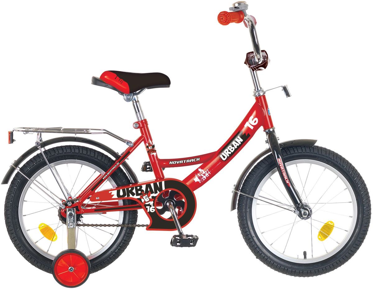 Велосипед детский Novatrack Urban, цвет: красный, 16163URBAN.RD6 Велосипед детский Novatrack Urban, цвет: красный, 16163URBAN.RD6Велосипед Novatrack Urban c 16-дюймовыми колесами это надежный велосипед для ребят 5-7 лет. Высокое качество сборки гарантирует, что велосипед прослужит долго, даже если ваш ребенок будет гонять на нем ежедневно по несколько часов подряд. Велосипед оснащен защитой цепи, которая не позволит ногам и одежде попасть в мезанизм. Велосипед оборудован багажником обязательным атрибутом любого детского велосипеда. Для безопасности установлено целых 4 светоотражателя задний, передний и по одному на каждом из основных колес. Колеса закрыты крыльями, которые защитят ребенка от грязи и брызг. А ножной тормоз позволит быстро остановиться, в случае необходимости.