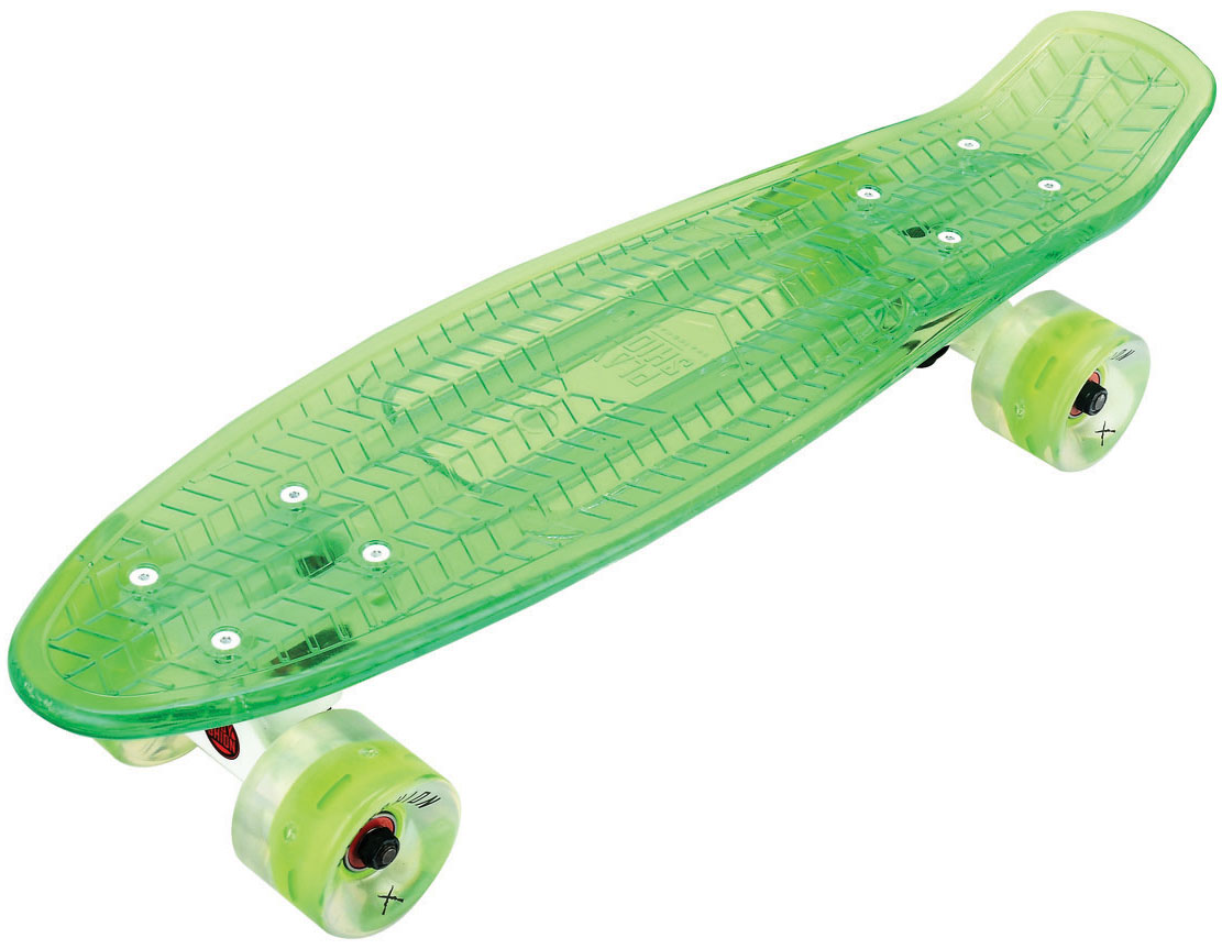 Лонгборд Playshion, 22FS-PS002G Лонгборд Playshion, 22FS-PS002GСкейтборд пластиковый прозрачный PLAYSHION - компактный скейтборд с отличной управляемостью, предназначенный для райдеров любых возрастов. Основной особенностью скейтборда является то, что у него стильная полупрозрачная дека. А небольшой вес скейтборда делает его маневренным и лёгким при транспортировке. Скейтборд подходит для скейтеров от 6 лет и весом до 120 кг. Размер доски 22 дюйма = 55 см. Дека скейтборда сделана из полипропилена 1 сорта, поэтому он практически не поддается поломке. Полиуретановые колёса, алюминиевая подвеска, а так же рифленый верх платформы обеспечат надёжную устойчивость и безопасность райдера во время катания.