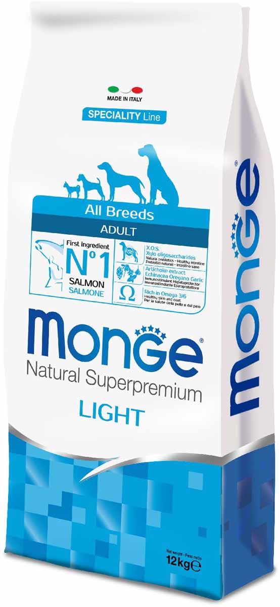 Корм сухой Monge Dog Speciality Light, для собак всех пород, низкокалорийный, с лососем и рисом, 12 кг70011235 Корм сухой Monge Dog Speciality Light, для собак всех пород, низкокалорийный, с лососем и рисом, 12 кг70011235Monge Dog Speciality Light - низкокалорийный корм для собак всех пород, лосось с рисом, 12 кг. Полнорационный корм на основе лосося и риса для взрослых собак всех пород с особыми потребностями. Разработан на основе лосося северного моря, богат омега-3 и омега-6 жирными кислотами, которые позволяют предупредить воспалительные процессы и сохранить здоровье кожи и шерсти вашего питомца. Лосось и рис гарантируют правильное усвоение белков и углеводов. Корм прекрасно подходит для собак с проблемами пищеварения и кожными заболеваниями. Данный продукт предназначен для собак с заболеваниями кожи, такими, как дерматит, перхоть, зуд, а также для собак со светлой шерстью. Глюкозамин, хондроитин и МСМ благотворно влияют на здоровье всего костного аппарата, помогают предотвратить возникновение болезней суставов. Анализ компонентов: сырой белок 24,00%, сырые масла и жиры 12,00%, сырая клетчатка 2,50%, сырая зола 6,00%, кальций 1,40%, фосфор 0,90%, омега-6 жирные кислоты 3,50%,...