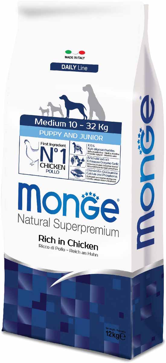Корм сухой Monge Dog Medium, для щенков средних пород, 12 кг70011662 Корм сухой Monge Dog Medium, для щенков средних пород, 12 кг70011662Monge Dog Medium корм для щенков средних пород, 12 кг. Полнорационный корм для собак на основе мяса цыпленка и риса. Рекомендуется для щенков и молодых собак средних размеров возрастом до 12 месяцев, а также для беременных и кормящих самок. Анализ компонентов: сырой белок 29,00%, сырые масла и жиры 18,00%, сырая клетчатка 2,00%, сырая зола 7,50%, кальций 1,50%, фосфор 1,00%, омега-6 жирные кислоты 5,20%, омега-3 жирные кислоты 0,80%. Пищевые добавки/кг: витамин А 26000 МЕ, витамин D3 1820 МЕ, витамин Е 200 мг, витамин В1 20 мг, витамин В2 25 мг, витамин В6 12 мг, витамин В12 240 мг, биотин 32 мг, ниацин 50 мг, витамин С 175 мг, пантотеновая кислота 30 мг, фолиевая кислота 2,8 мг, холина хлорид 3200 мг, инозитол 6,00 мг, Е5 сульфат марганца моногидрат 32 мг, Е6 оксид цинка 150 мг, Е4 сульфат меди пентагидрат 13 мг, Е1 сульфат железа моногидрат 110 мг, Е8 селенит натрия 0,20 мг, Е2 безводный йодат кальция 1,80 мг, L-карнитин 140 мг, DL-метионин 7,20г. Технологические...