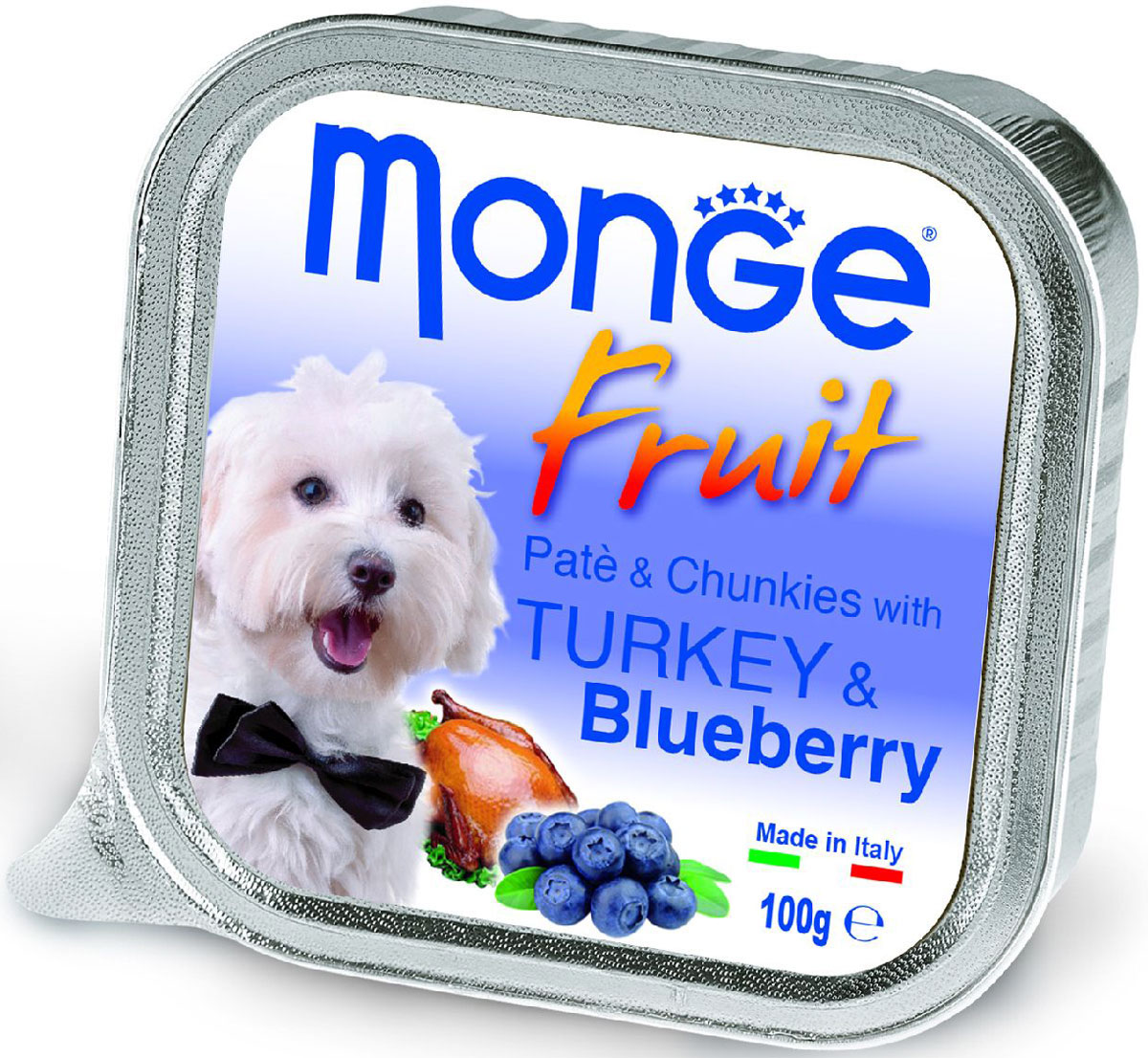 Консервы Monge Dog Fruit, для собак, с индейкой и черникой, 100 г70013208 Консервы Monge Dog Fruit, для собак, с индейкой и черникой, 100 г70013208Monge Dog Fruit консервы для собак, индейка с черникой, 100 г. Полнорационный корм для собак. Паштет с индейкой и черникой. Рекомендации по кормлению: для собак средних пород минимум 400 граммов продукта в день. Подавать корм комнатной температуры. Убедитесь, что у собаки есть доступ к свежей чистой воде. Хранить при комнатной температуре, после вскрытия - в холодильнике. Гарантированный анализ: сырой белок 8,5%, сырые масла и жиры 7%, сырая зола 2,2%, сырая клетчатка 0,5%. Влажность 80%. Пищевые добавки/кг: витамин А 3000 МЕ, витамин D3 400 МЕ, витамин Е 15 мг. Ингредиенты: свежее мясо 80% (из которого мяса индейки мин. 10%), черника 4%, минеральные вещества, витамины. Технологические добавки: загустители и желеобразующие компоненты. Пищевые добавки/кг: витамин А 3000 МЕ, витамин D3 400 МЕ, витамин Е 15 мг. Рекомендации по кормлению: продукт подавать комнатной температуры или подогретый. Важно, чтобы животное всегда имело доступ к чистой, свежей воде....